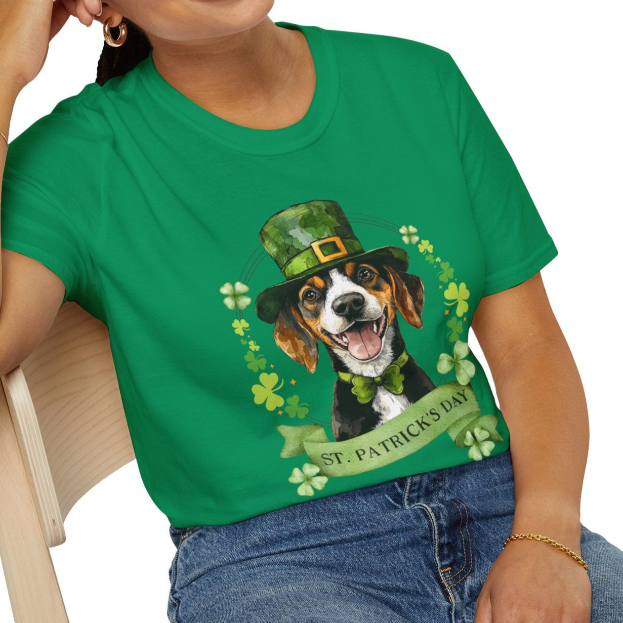 St. Patrick’s Day t-shirt featuring a Beagle dog with a shamrock garland and festive Irish design