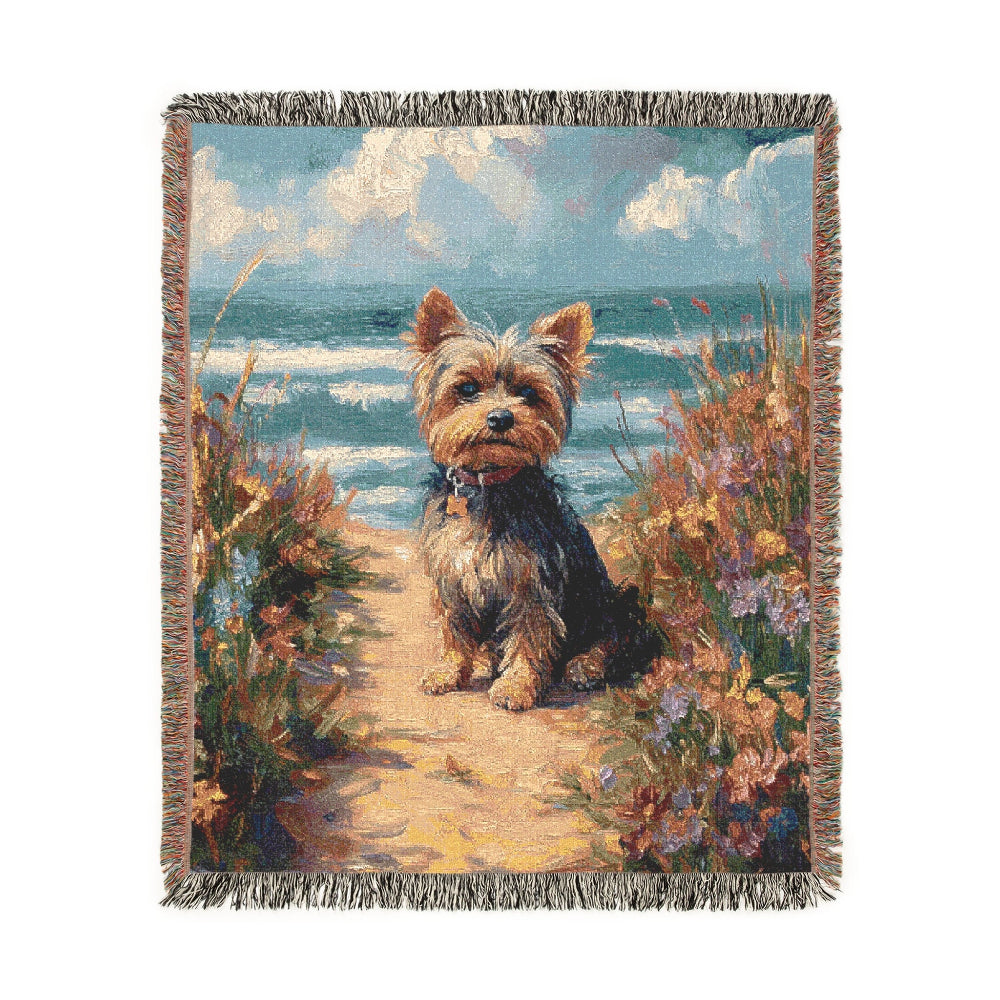 Yorkie by the Seaside – Woven Blanket - Floral Dog Design for Home Comfort - Customization available