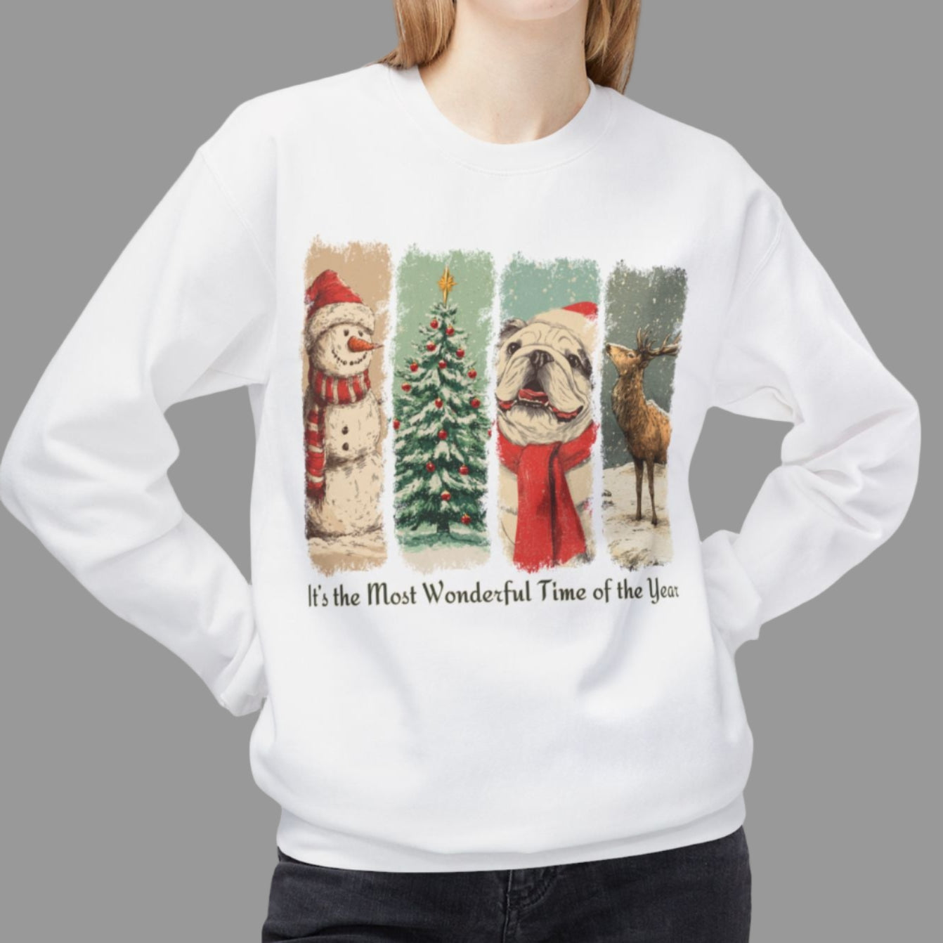 English Bulldog Santa – Vintage Brush Stroke Christmas Sweater
