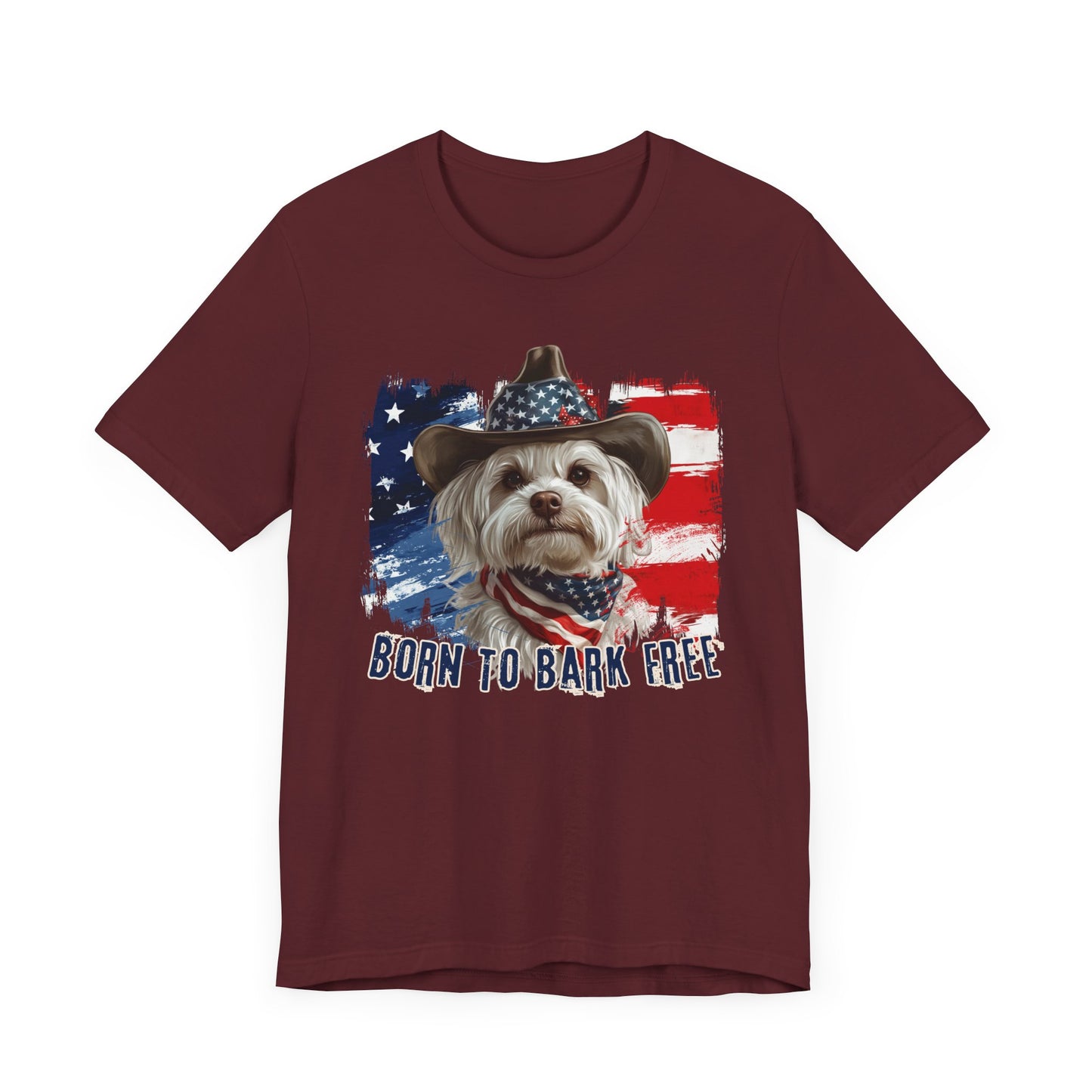 Maltese Patriotic T-Shirt "Born to Bark Free" - Dog-Themed Patriotic Design