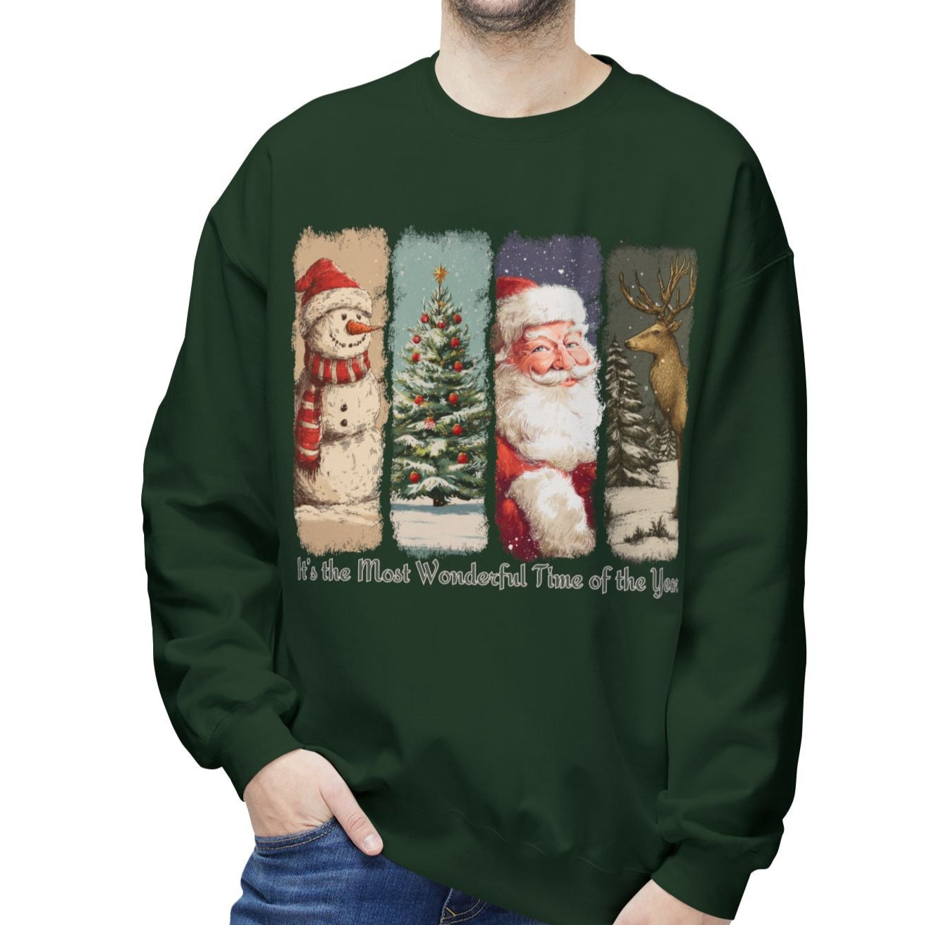 Man wearing a dark green Christmas-themed sweatshirt with festive illustrations on a white background