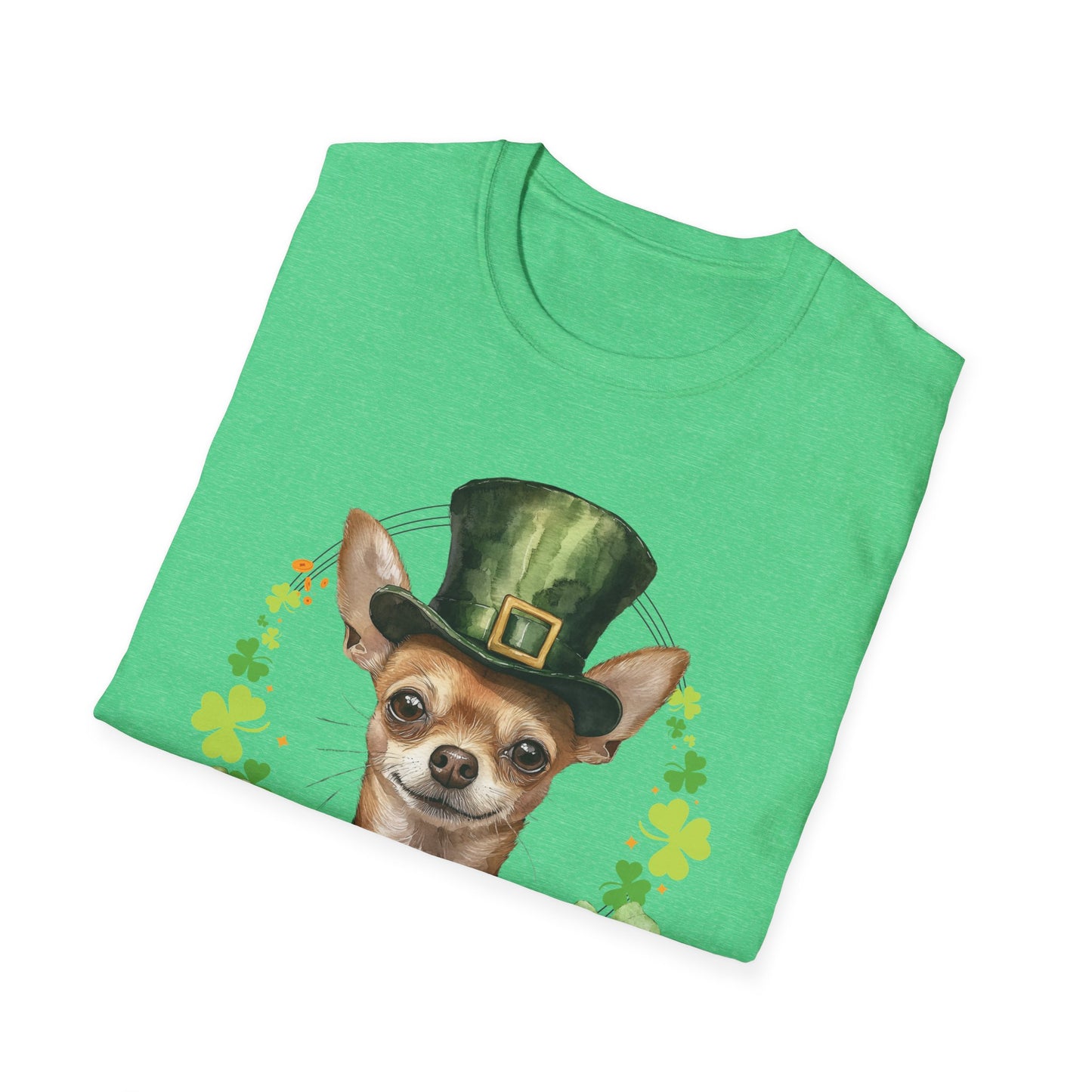 St. Patrick’s Day t-shirt featuring a Chihuahua dog with a shamrock garland and festive Irish design