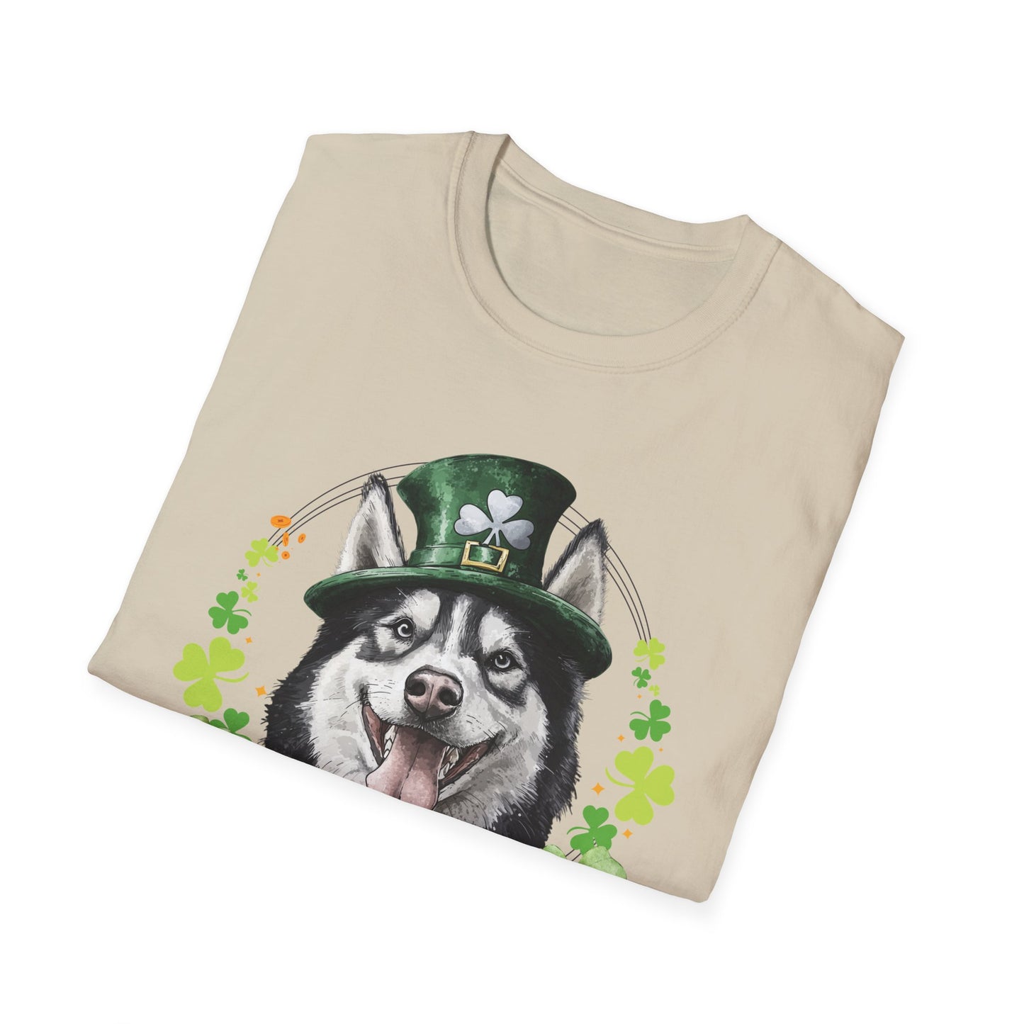 St. Patrick’s Day t-shirt gift for dog lovers featuring Siberian Husky dog with a shamrock garland and festive Irish design, folded