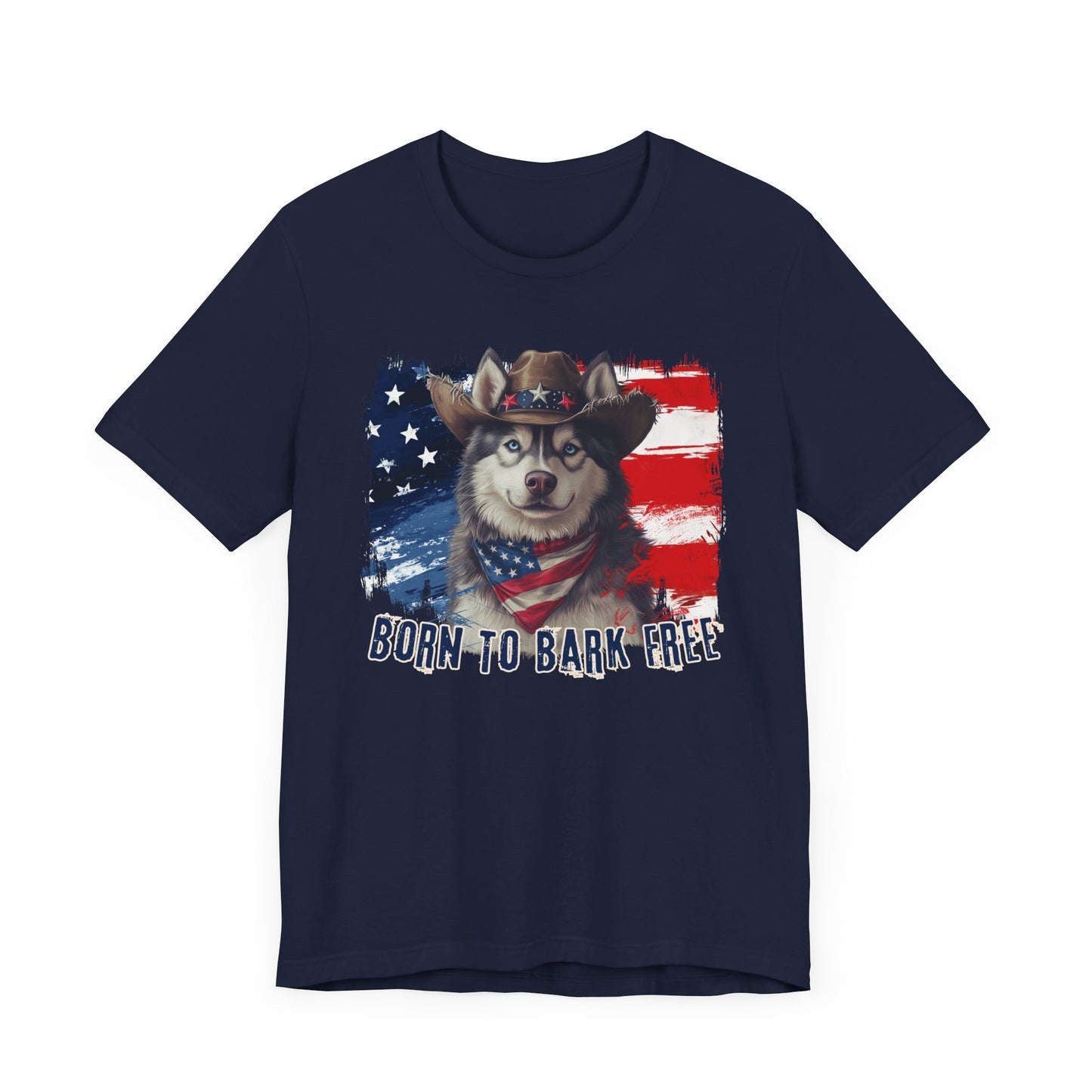 Siberian Husky Patriotic T-Shirt "Born to Bark Free" - Dog-Themed Patriotic Design
