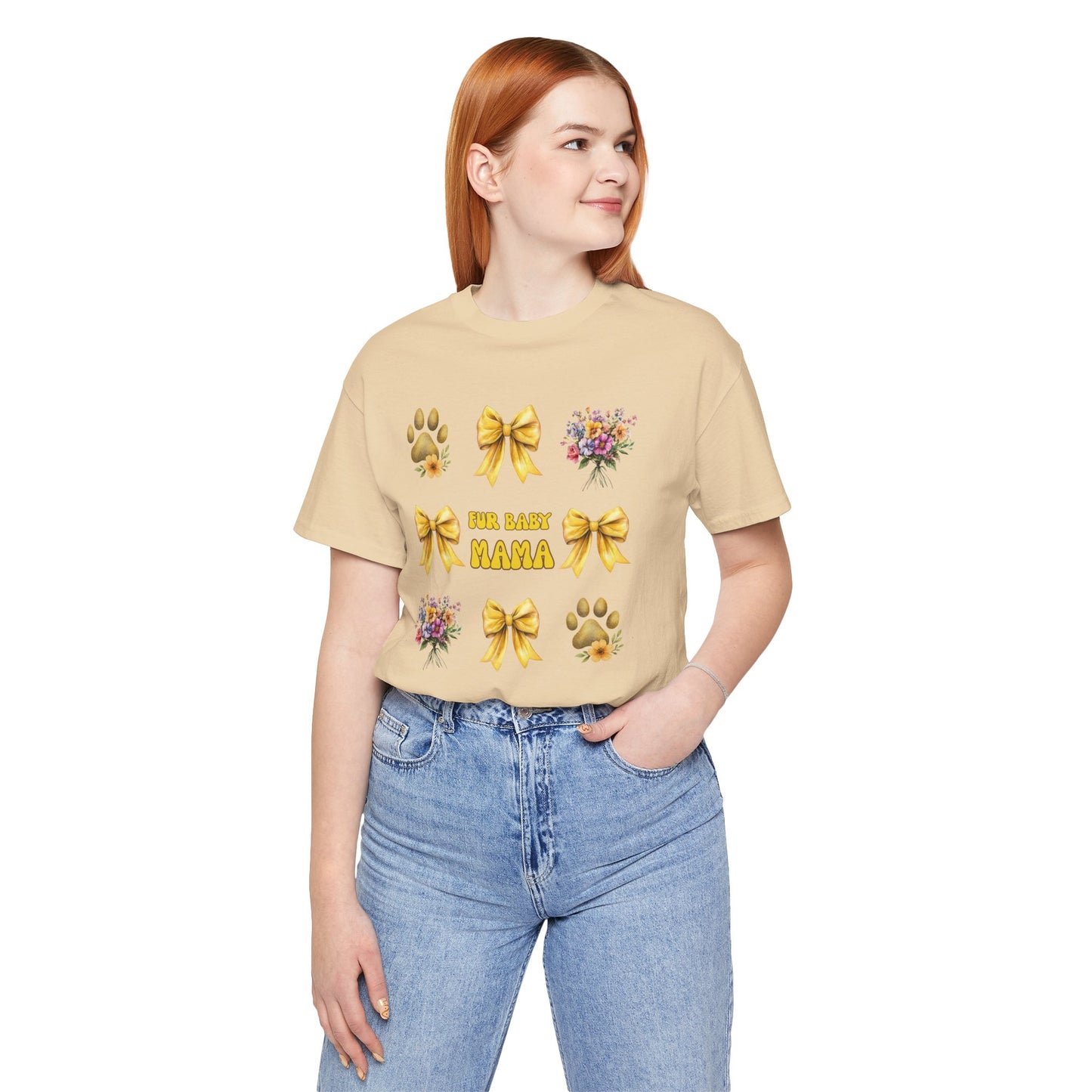 Fur Baby Mama T-Shirt – Soft Cotton Tee with Yellow Bows – Gift for Pet Moms