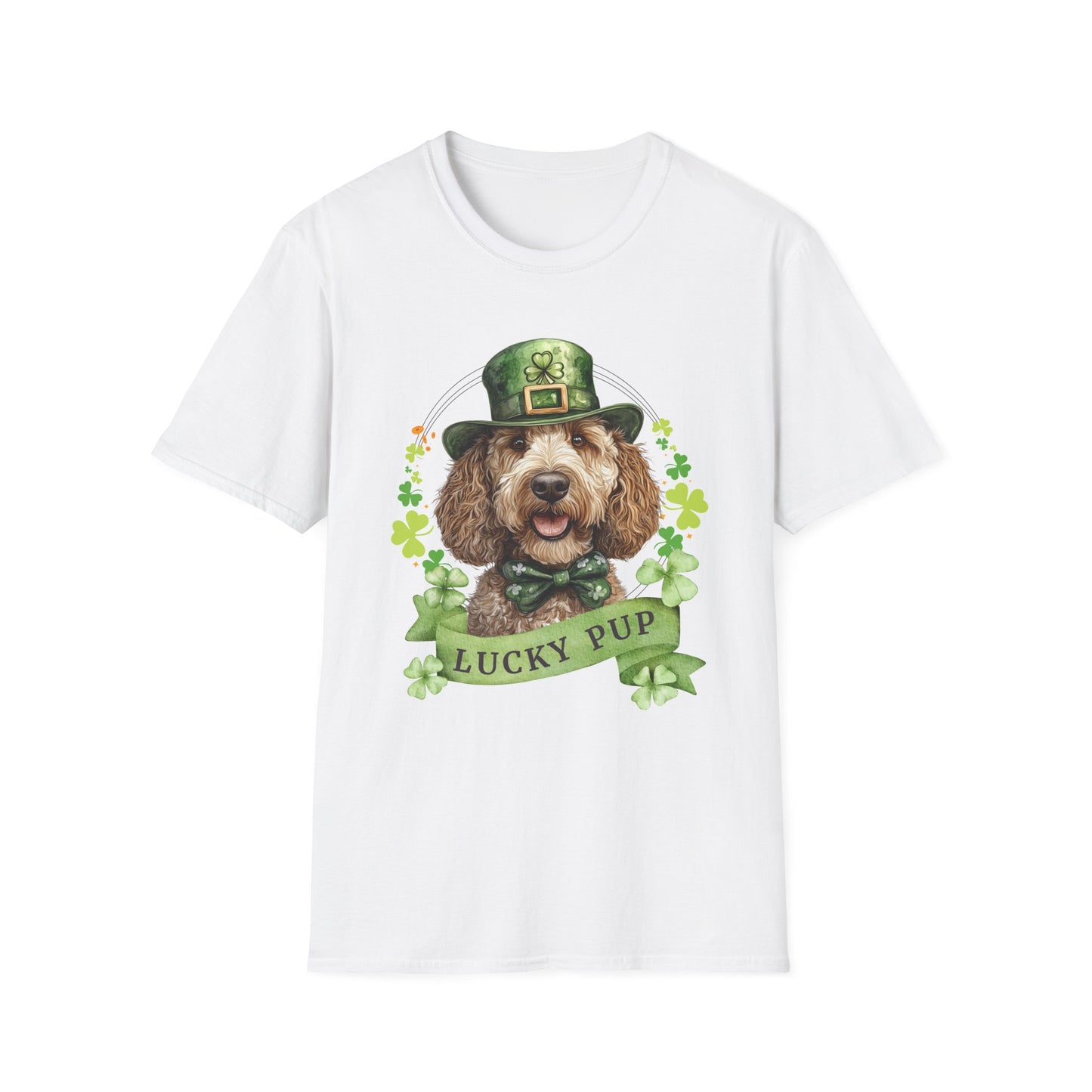 white St. Patrick’s Day t-shirt featuring a labradoodle dog with a shamrock garland and festive Irish design