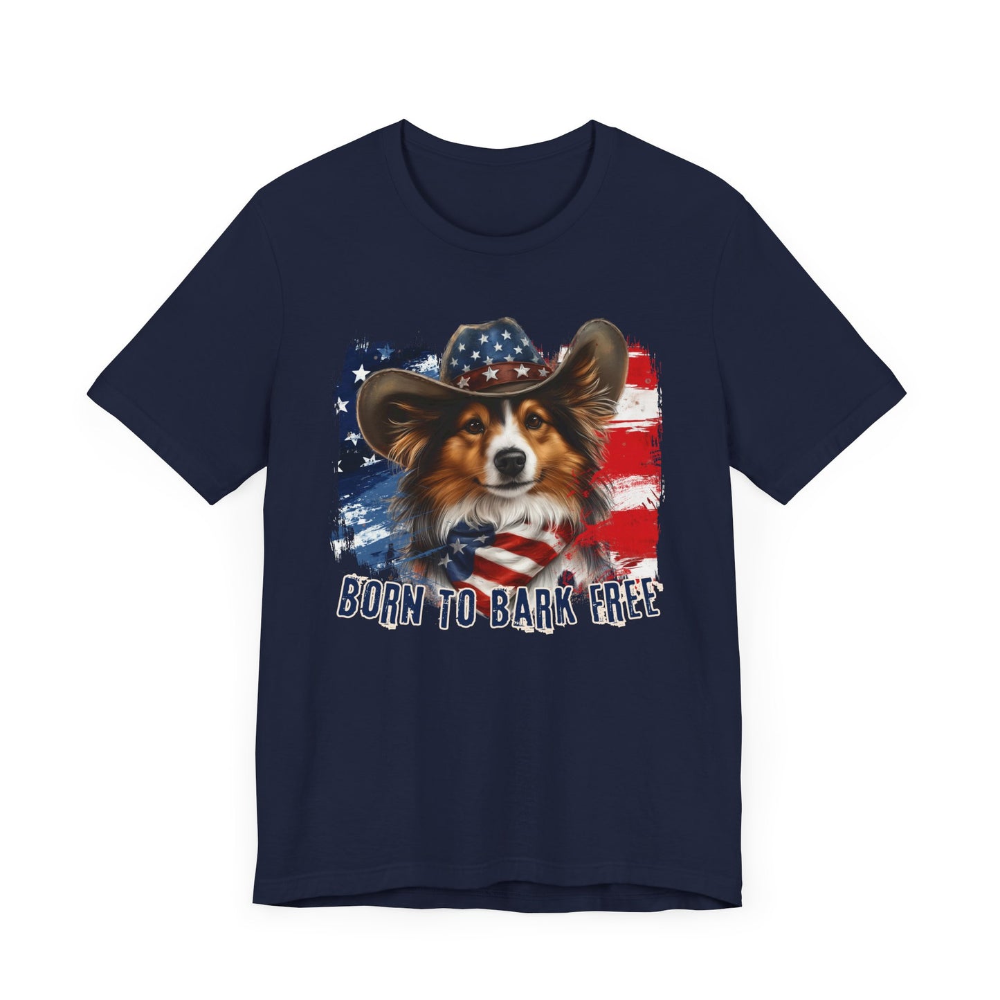 Sheltie Patriotic T-Shirt "Born to Bark Free" - Dog-Themed Patriotic Design