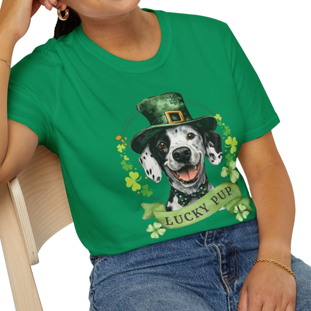 dalmatian dog lover st. patrick's day tee,Person wearing a St. Patrick’s Day dog t-shirt with a lucky shamrock print, great for dog lovers