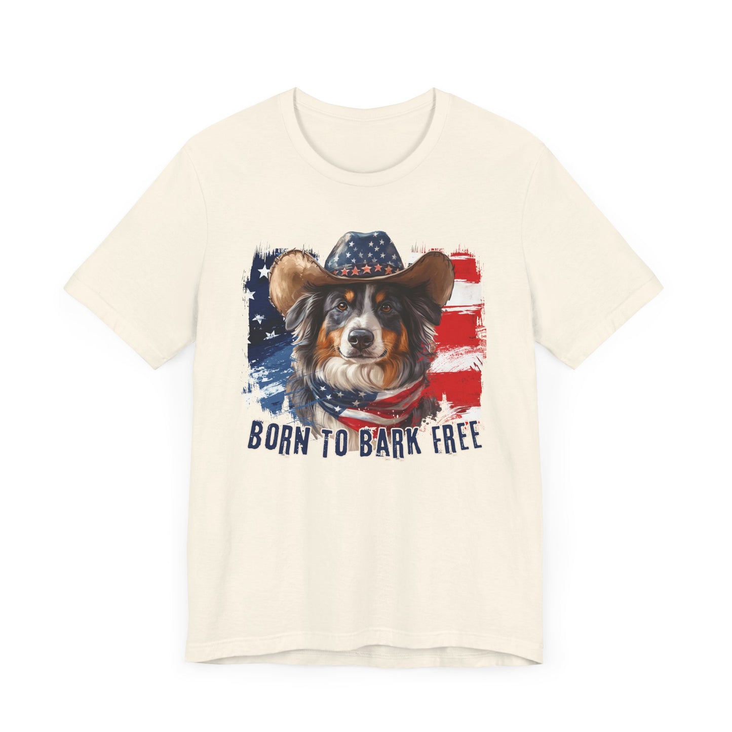Australian Shepherd Patriotic T-Shirt "Born to Bark Free" - Dog-Themed Patriotic Design