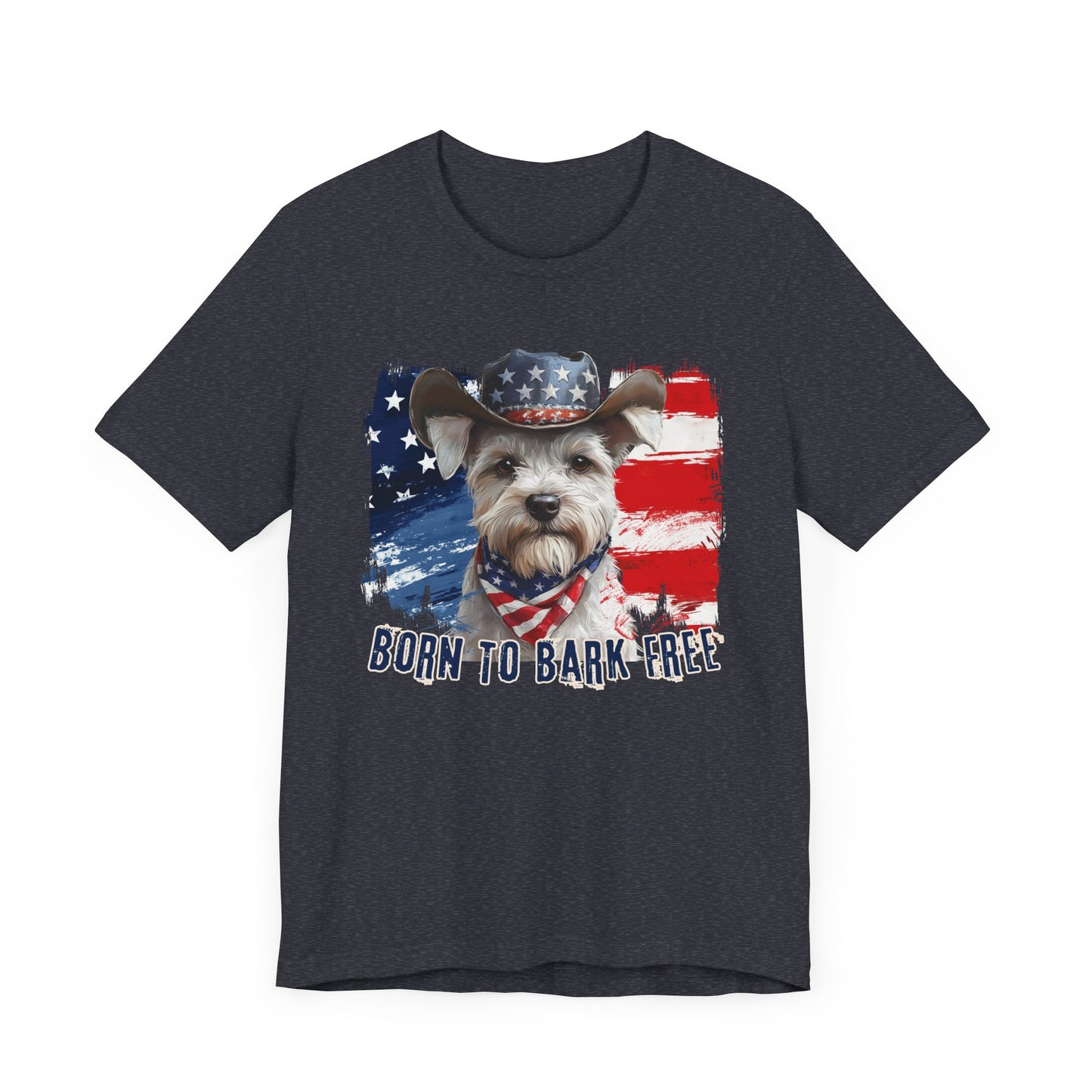 White Schnauzer Patriotic T-Shirt "Born to Bark Free" - Dog-Themed Patriotic Design