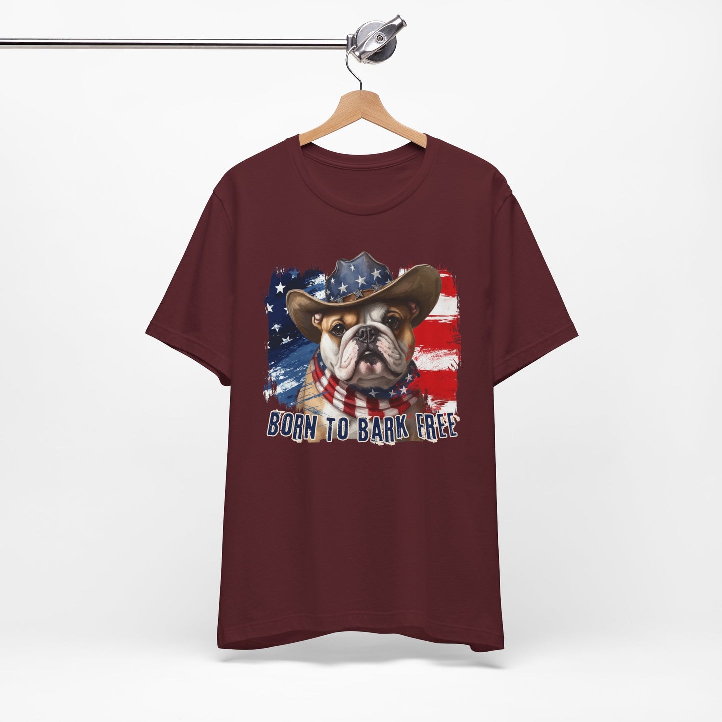 English Bulldog Patriotic T-Shirt "Born to Bark Free" - Dog-Themed Patriotic Design