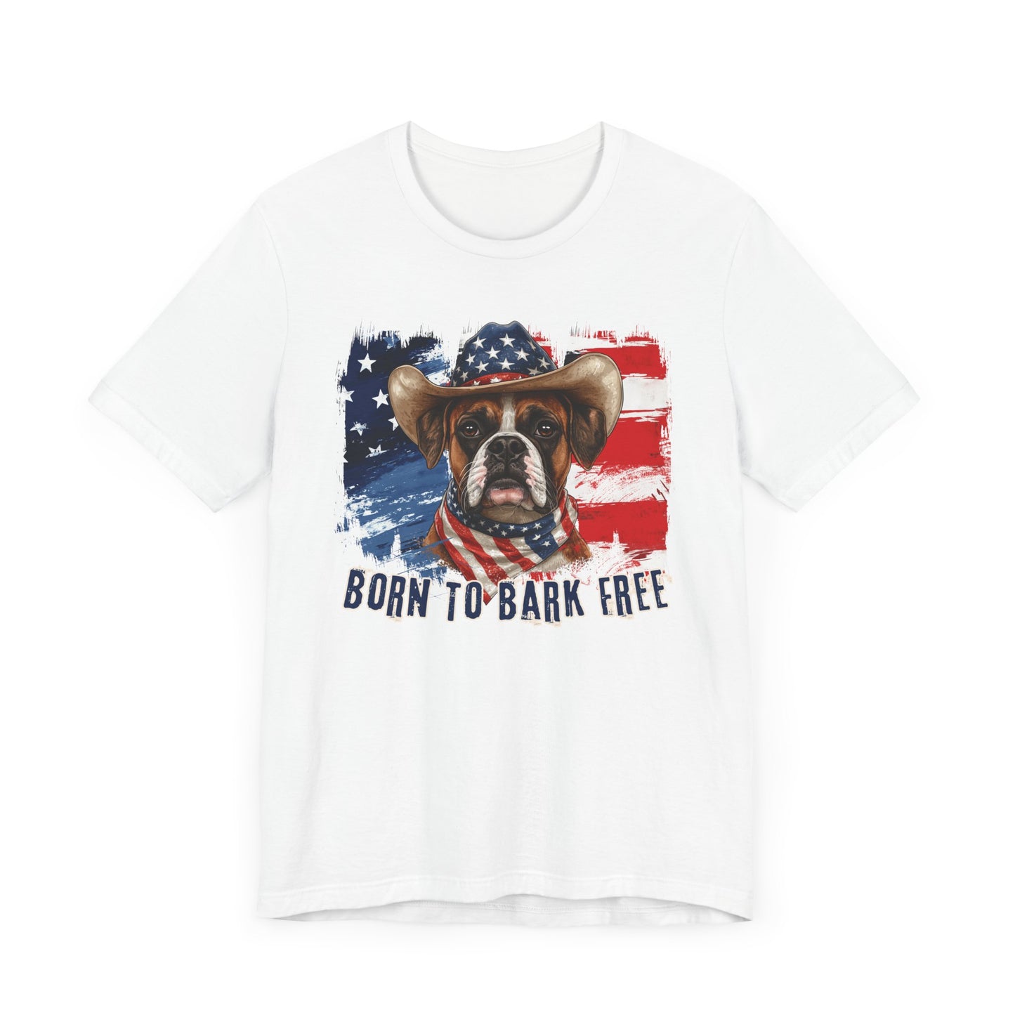 Boxer Patriotic T-Shirt "Born to Bark Free" - Dog-Themed Patriotic Design