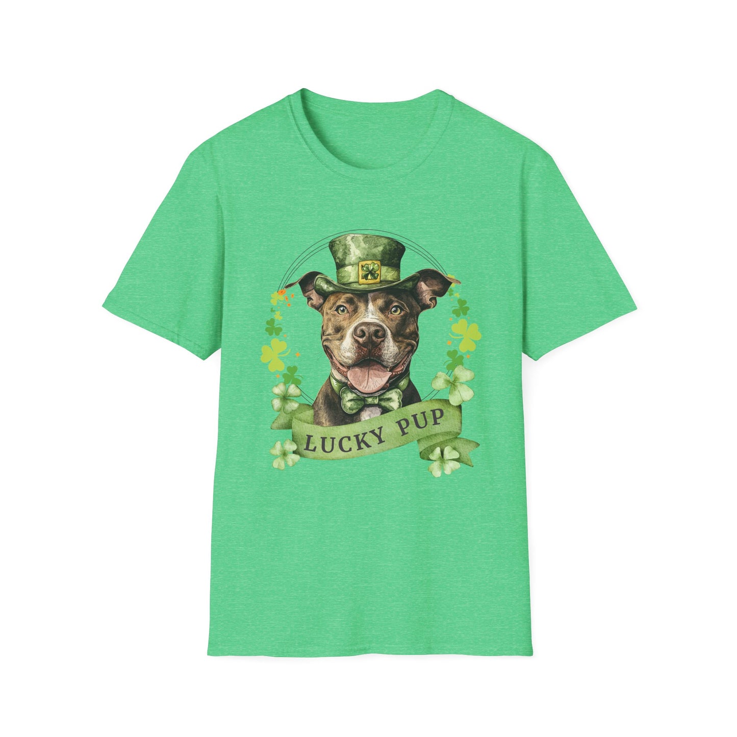 Heather Kelly Green cotton St. Patrick’s Day tee for dog moms and dads, featuring a Pit Bull dog design