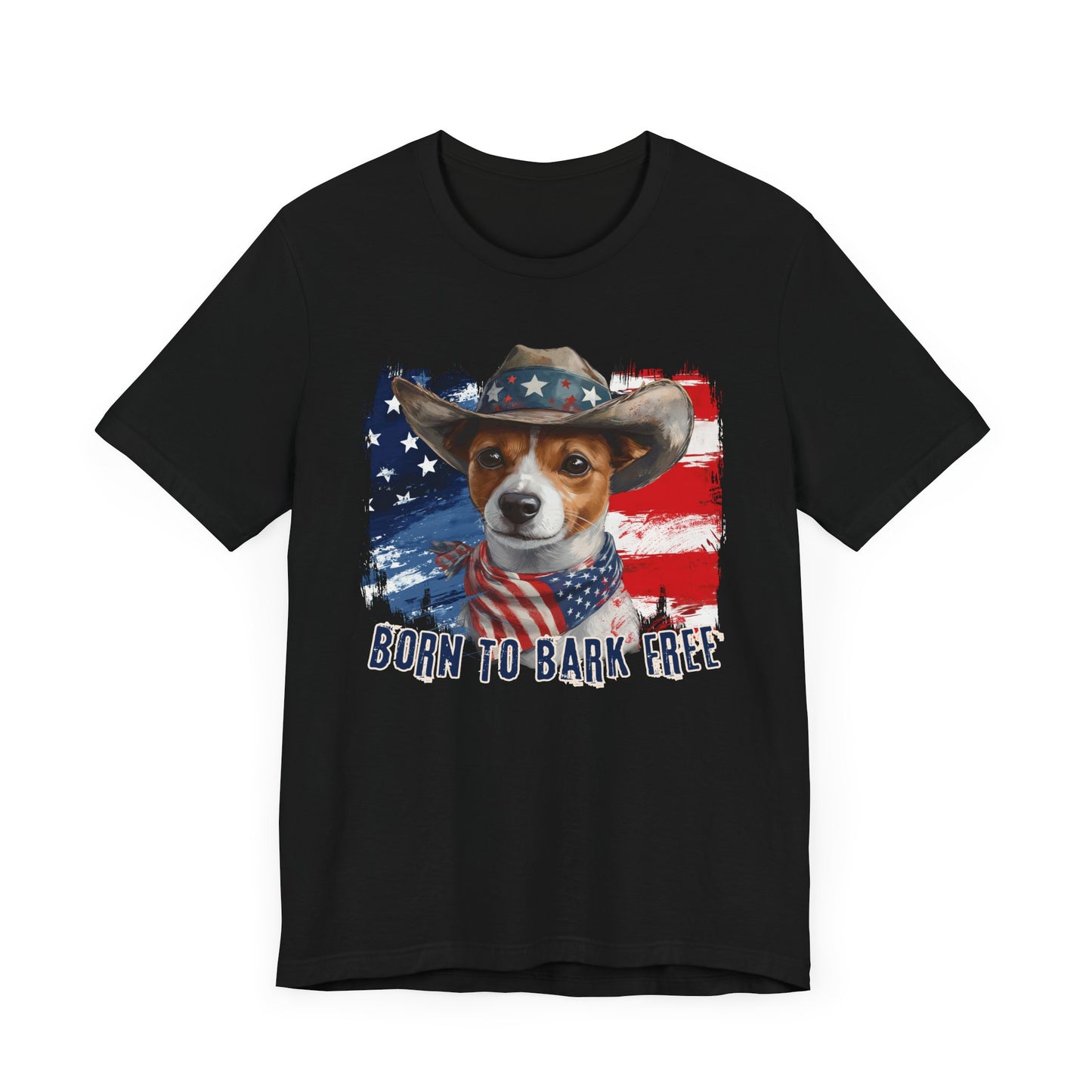Jack Russel Patriotic T-Shirt "Born to Bark Free" - Dog-Themed Patriotic Design