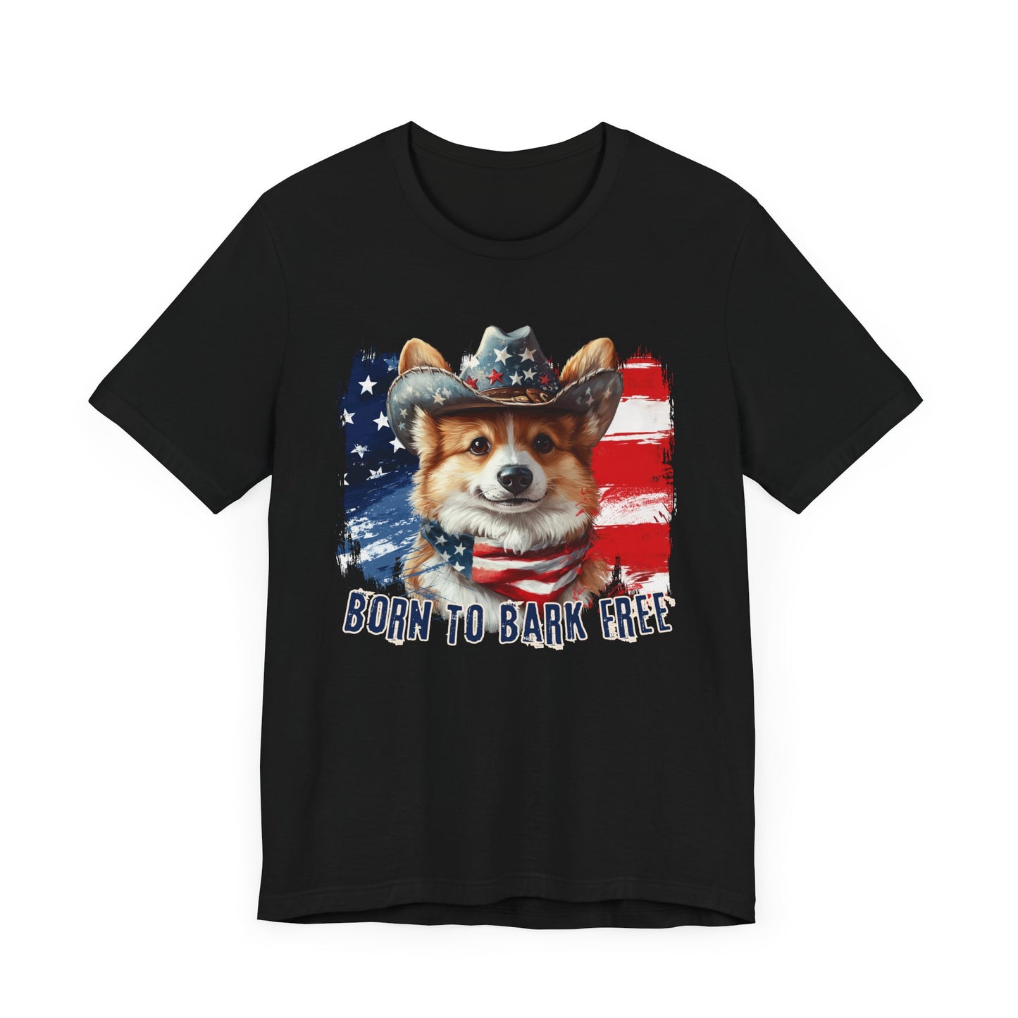 Corgi Patriotic T-Shirt "Born to Bark Free" - Dog-Themed Patriotic Design