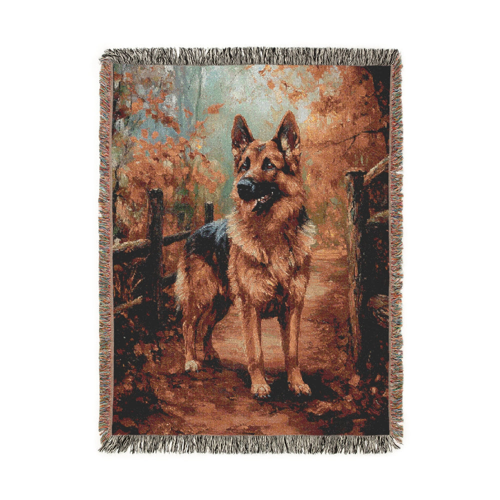German Shepherd on a Woodland Path – Woven Blanket - Floral Dog Design for Home Comfort