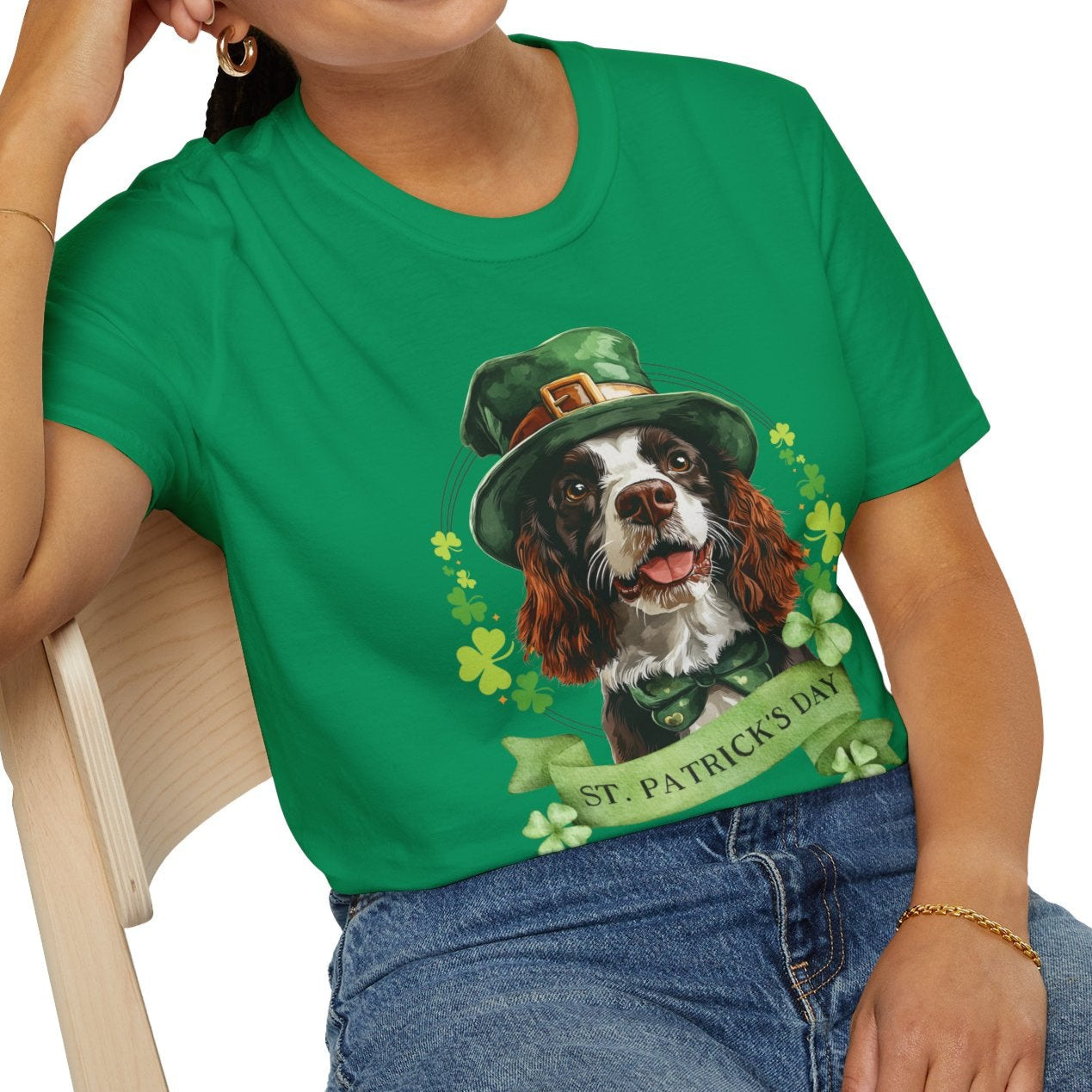 St. Patrick’s Day t-shirt featuring an English springer spaniel dog with a shamrock garland and festive Irish design