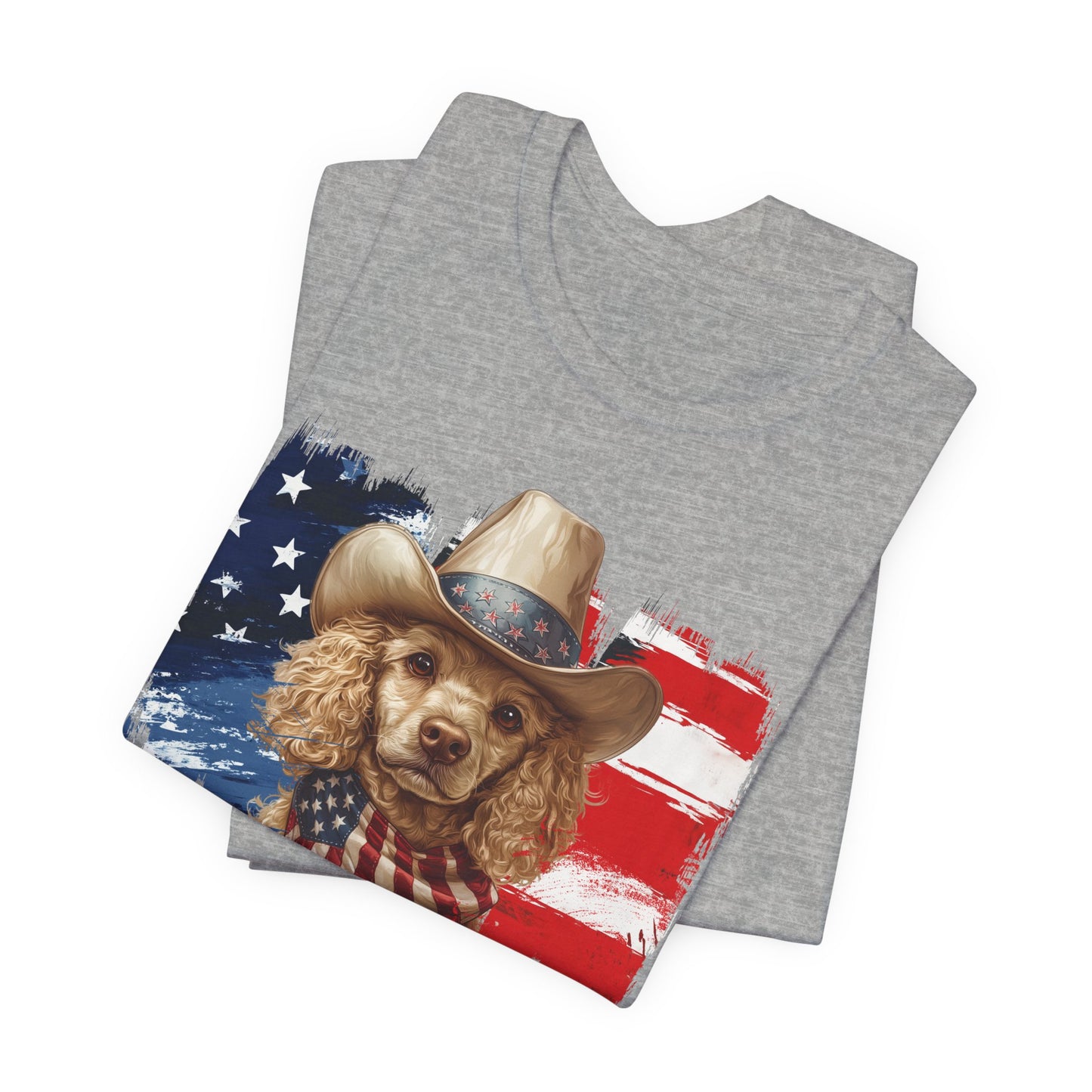 Yellow Poodle Patriotic T-Shirt "Born to Bark Free" - Dog-Themed Patriotic Design