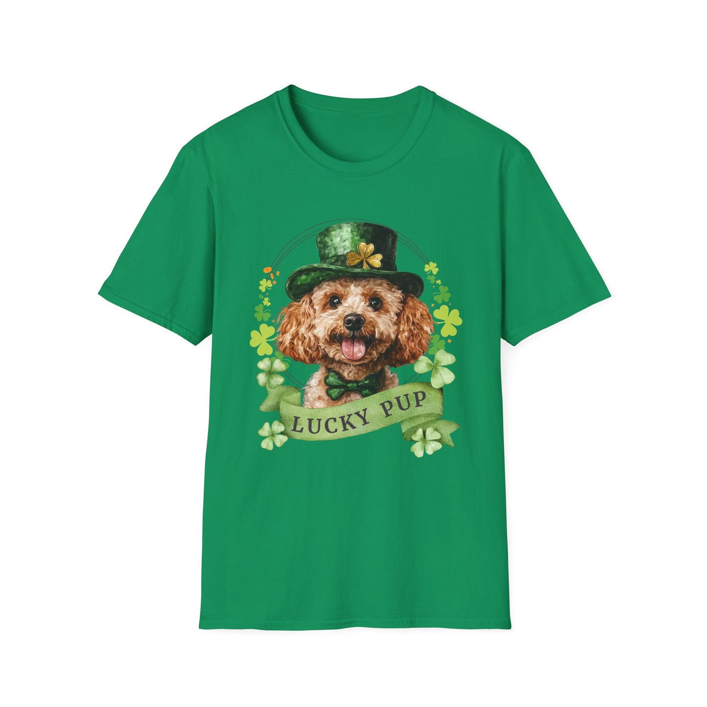St. Patrick’s Day kellyh green t-shirt gift for dog lovers featuring a toy poodle dog with a shamrock garland and festive Irish design