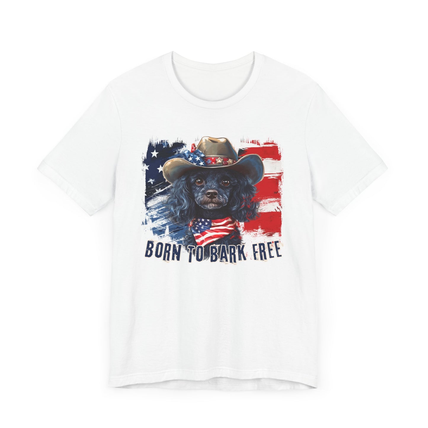 Black Poodle Patriotic T-Shirt "Born to Bark Free" - Dog-Themed Patriotic Design