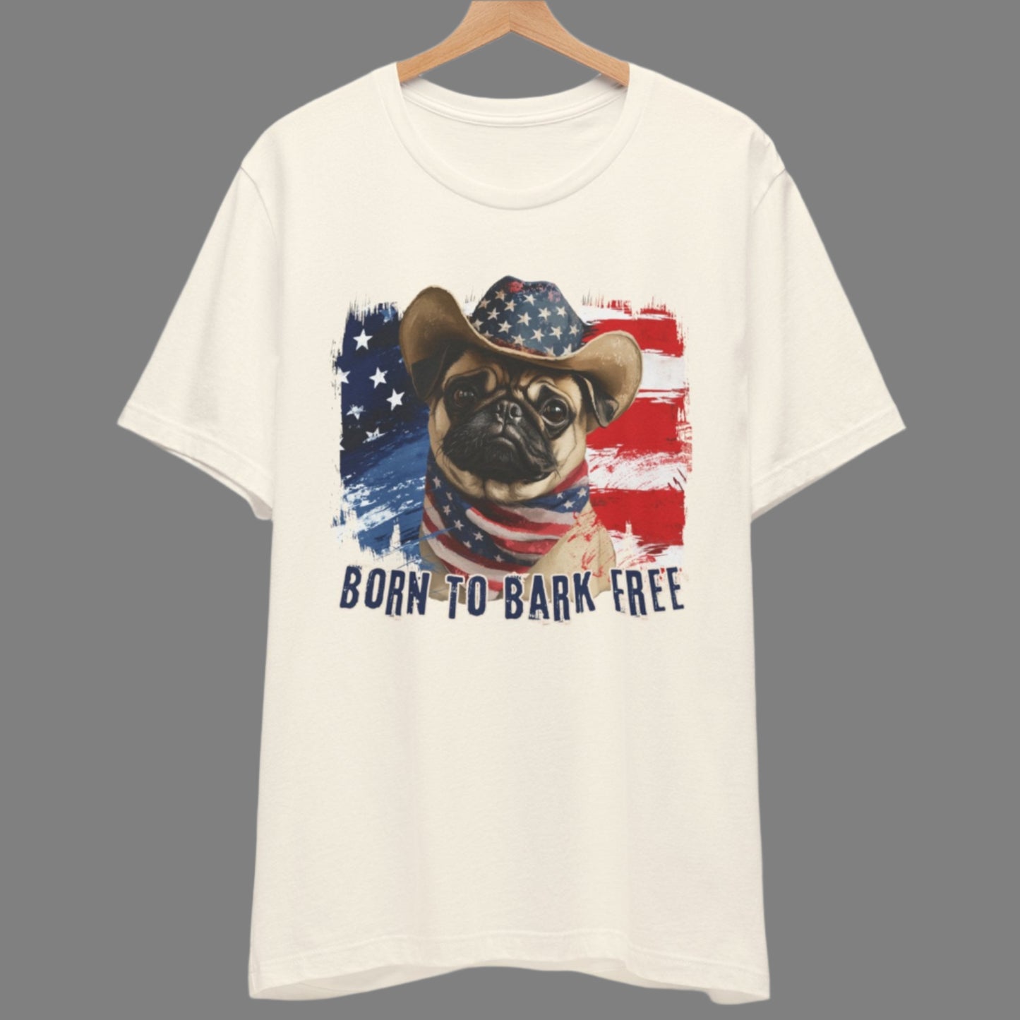 Pug Patriotic T-Shirt "Born to Bark Free" - Dog-Themed Patriotic Design