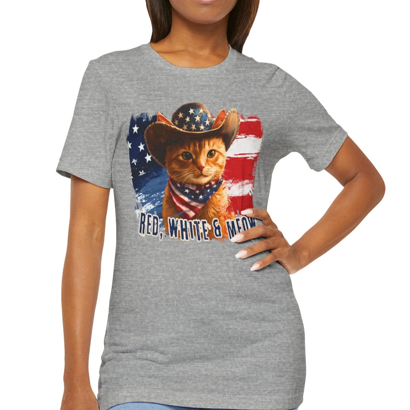 Ginger Cat Patriotic T-Shirt "Red, White & Meow" - Cat-Themed Patriotic Design