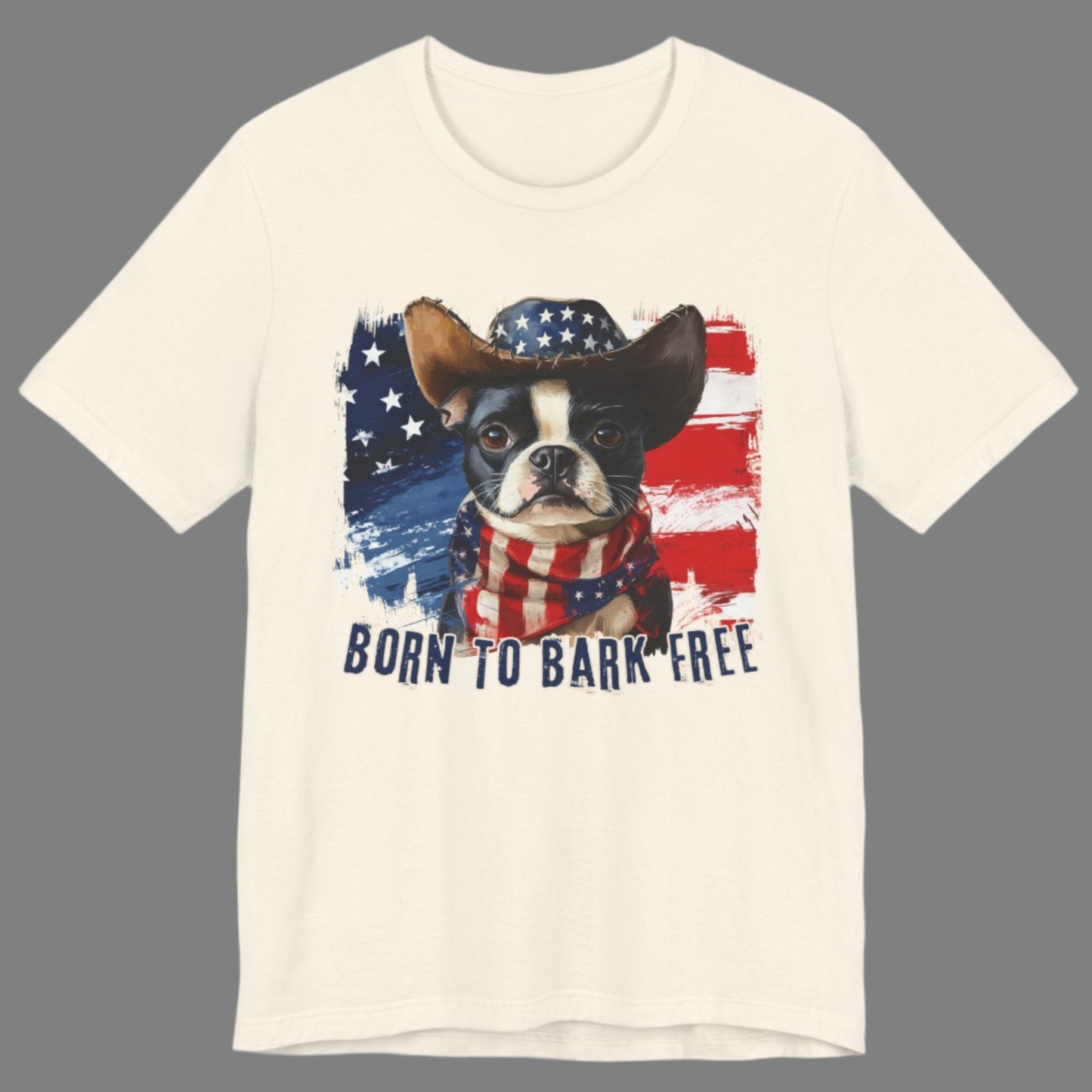 Boston Terrier Patriotic T-Shirt "Born to Bark Free" - Dog-Themed Patriotic Design