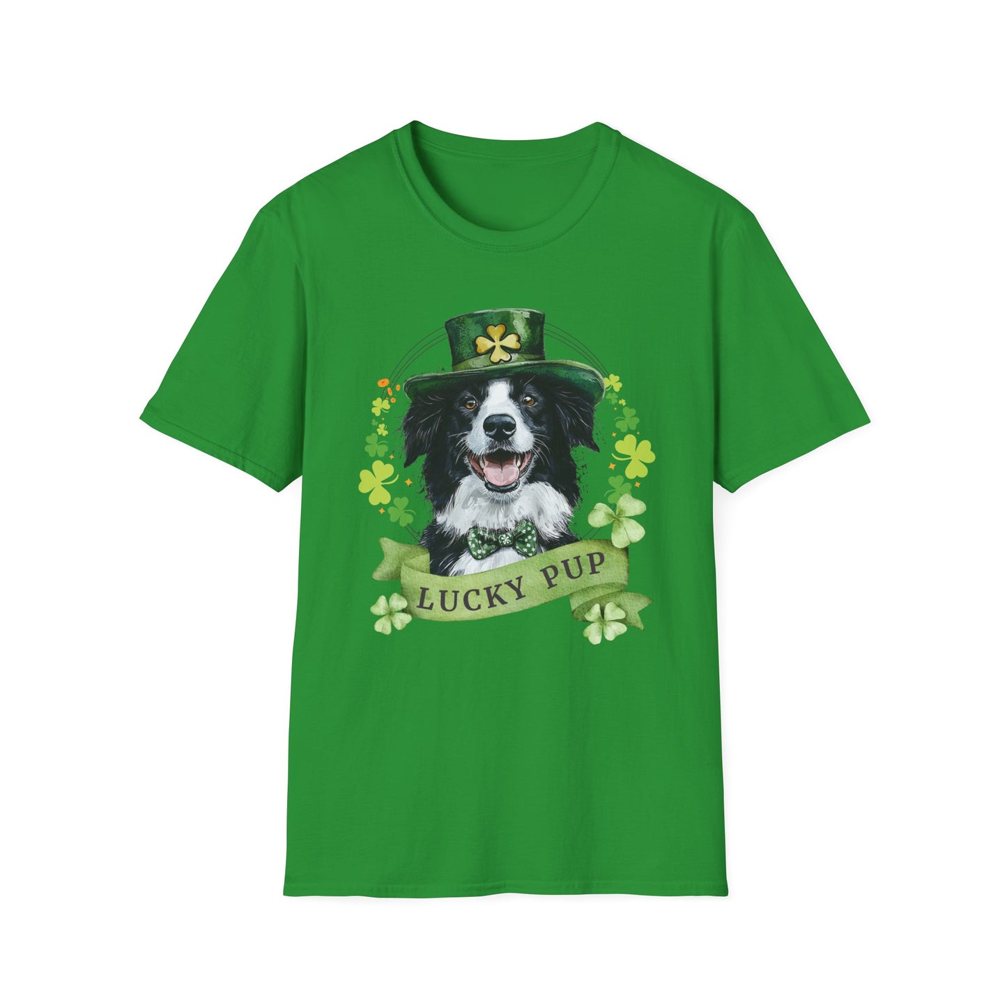 St. Patrick’s Day t-shirt featuring a Border Collie dog with a shamrock garland and festive Irish design