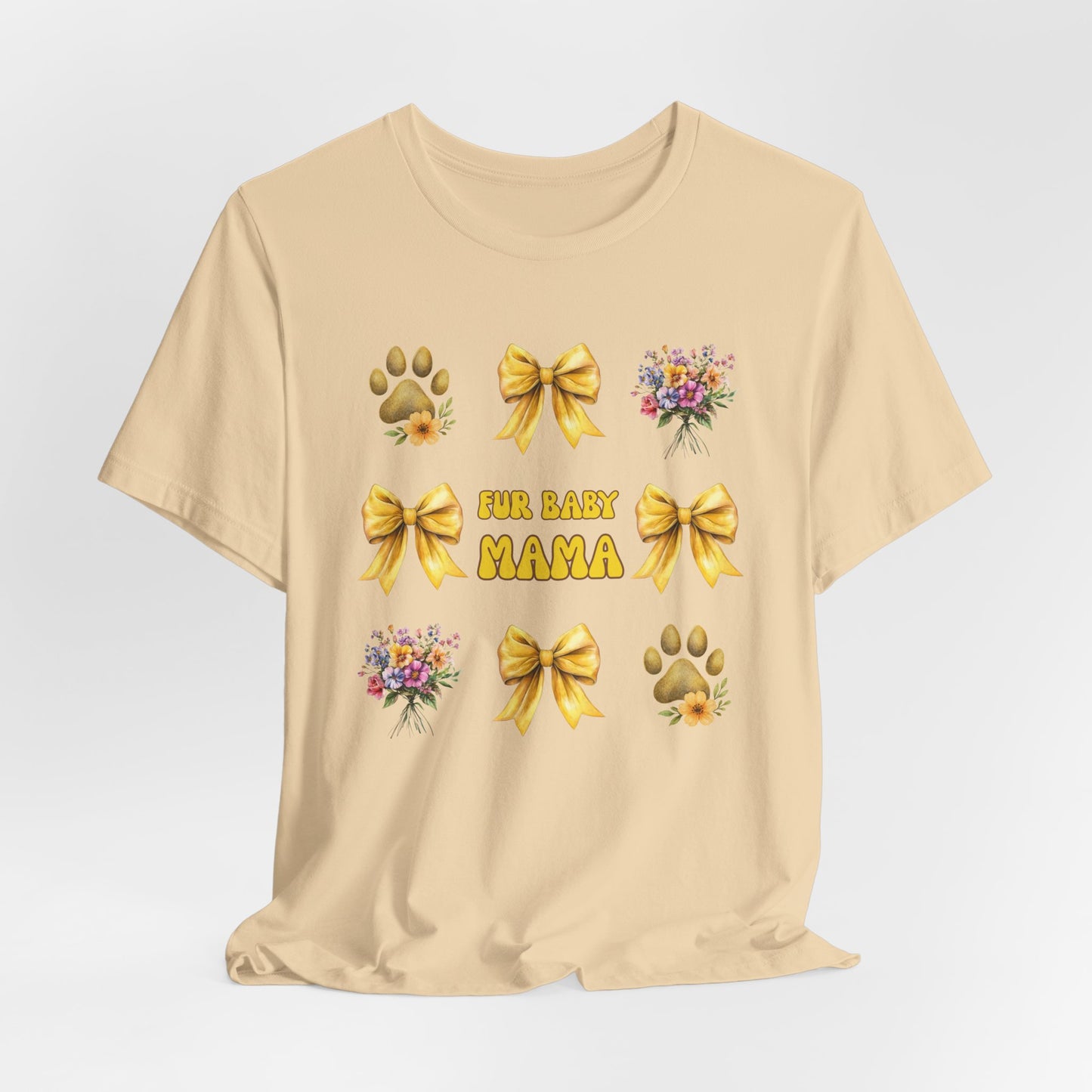 Fur Baby Mama T-Shirt – Soft Cotton Tee with Yellow Bows – Gift for Pet Moms