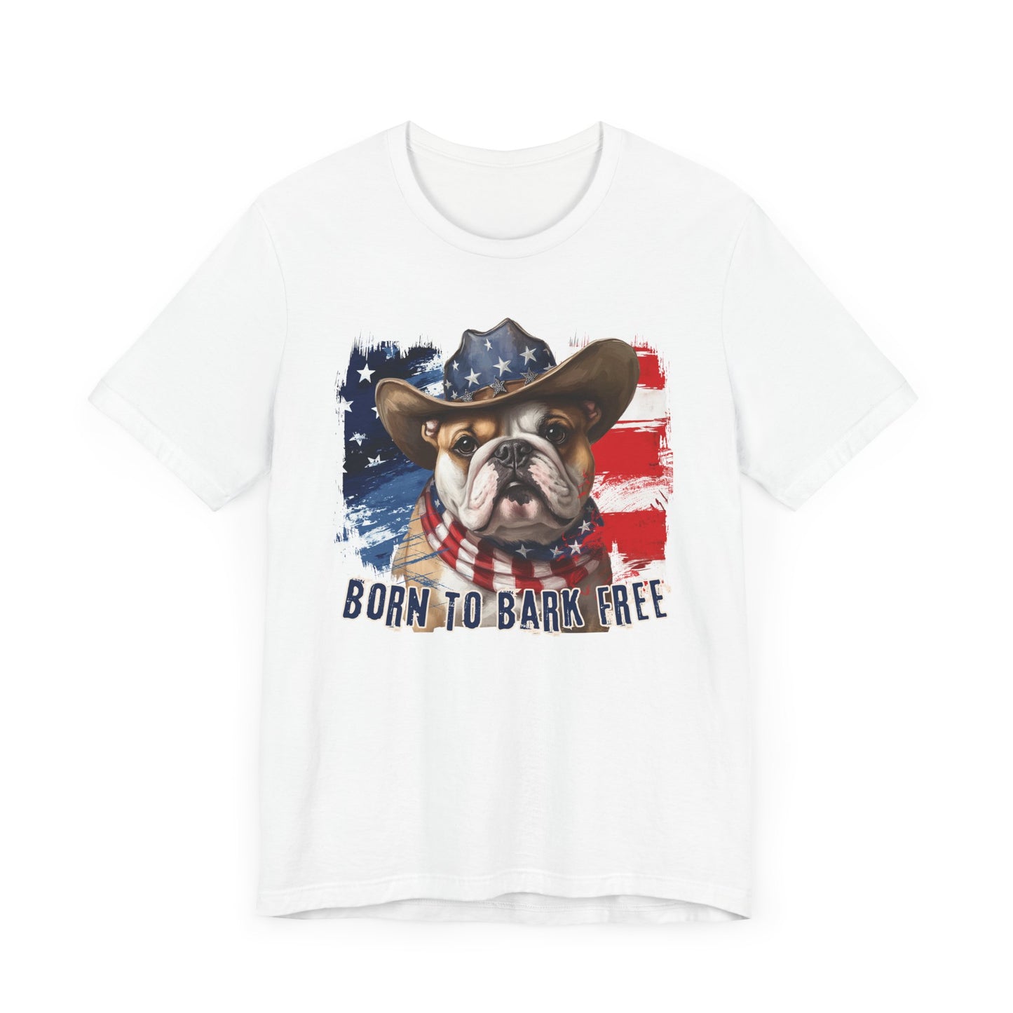 English Bulldog Patriotic T-Shirt "Born to Bark Free" - Dog-Themed Patriotic Design