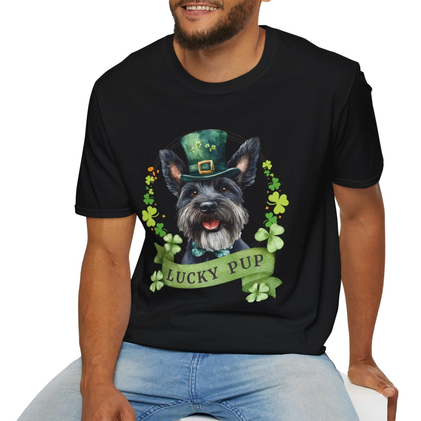 A person wearing St. Patrick’s Day scottish terrier dog black t-shirt with a lucky shamrock print, great for dog lovers