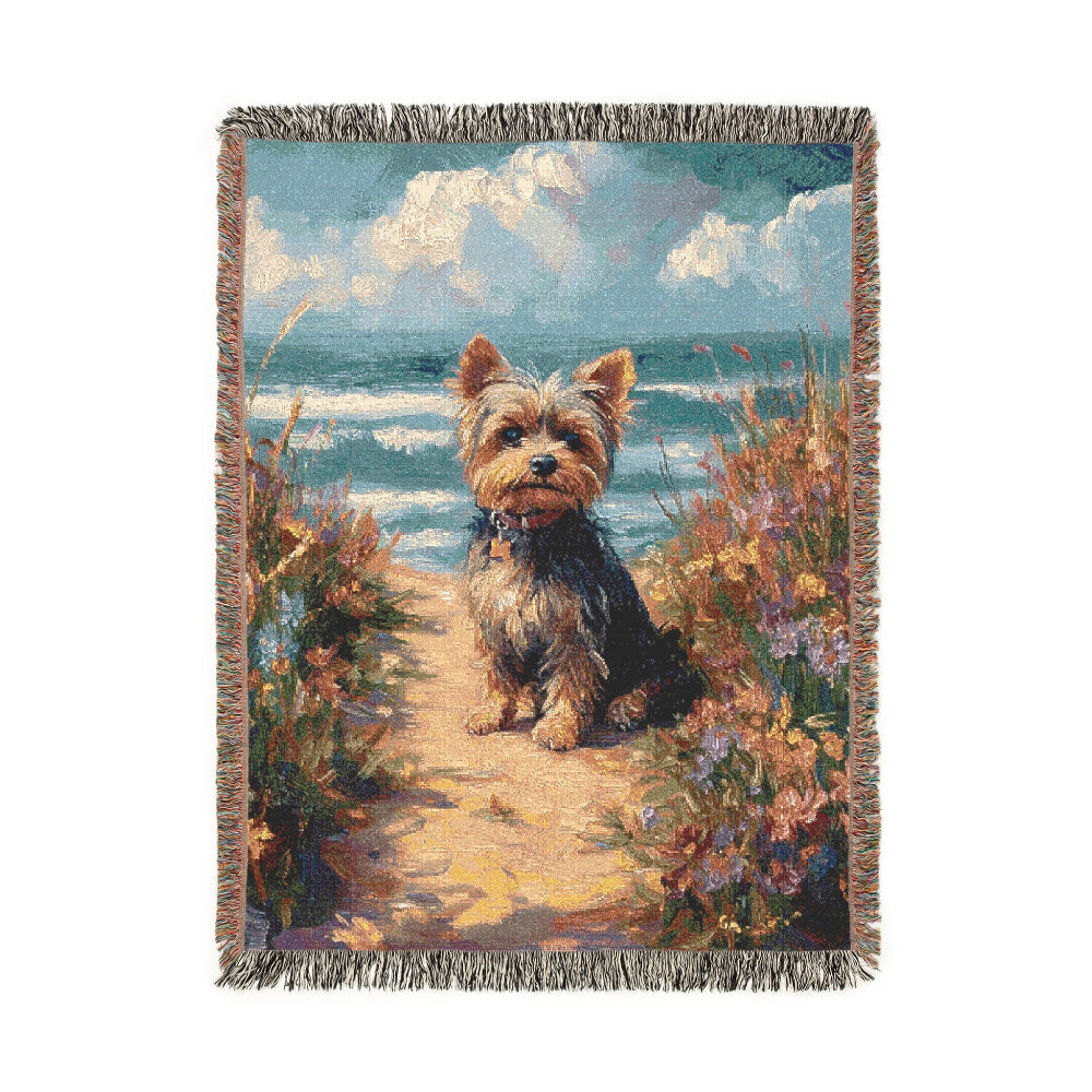 Yorkie by the Seaside – Woven Blanket - Floral Dog Design for Home Comfort - Customization available