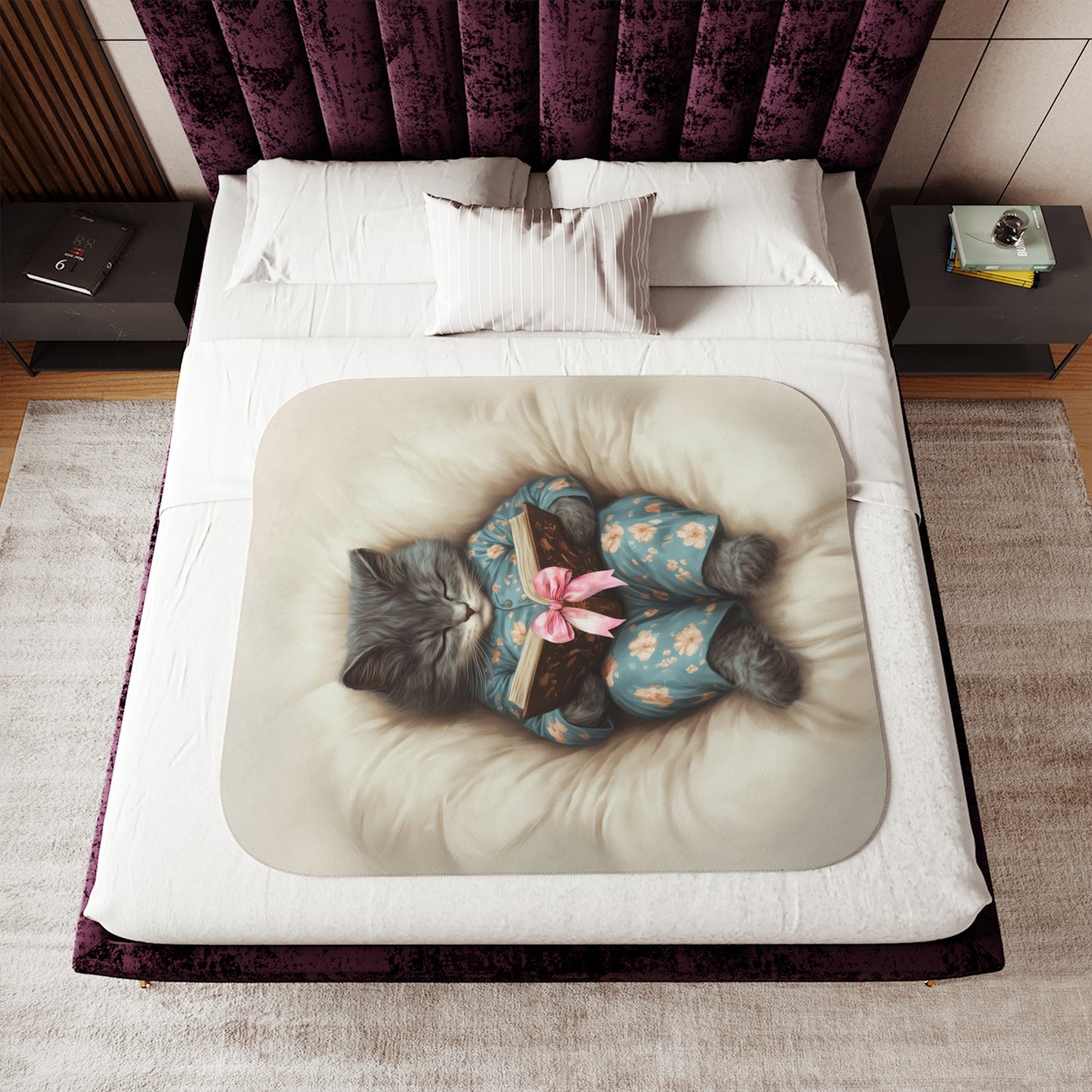 Comfort Zone - Personalized Grey Cat Reading Blanket, Vertical Design – Custom Sherpa Throw, Beige