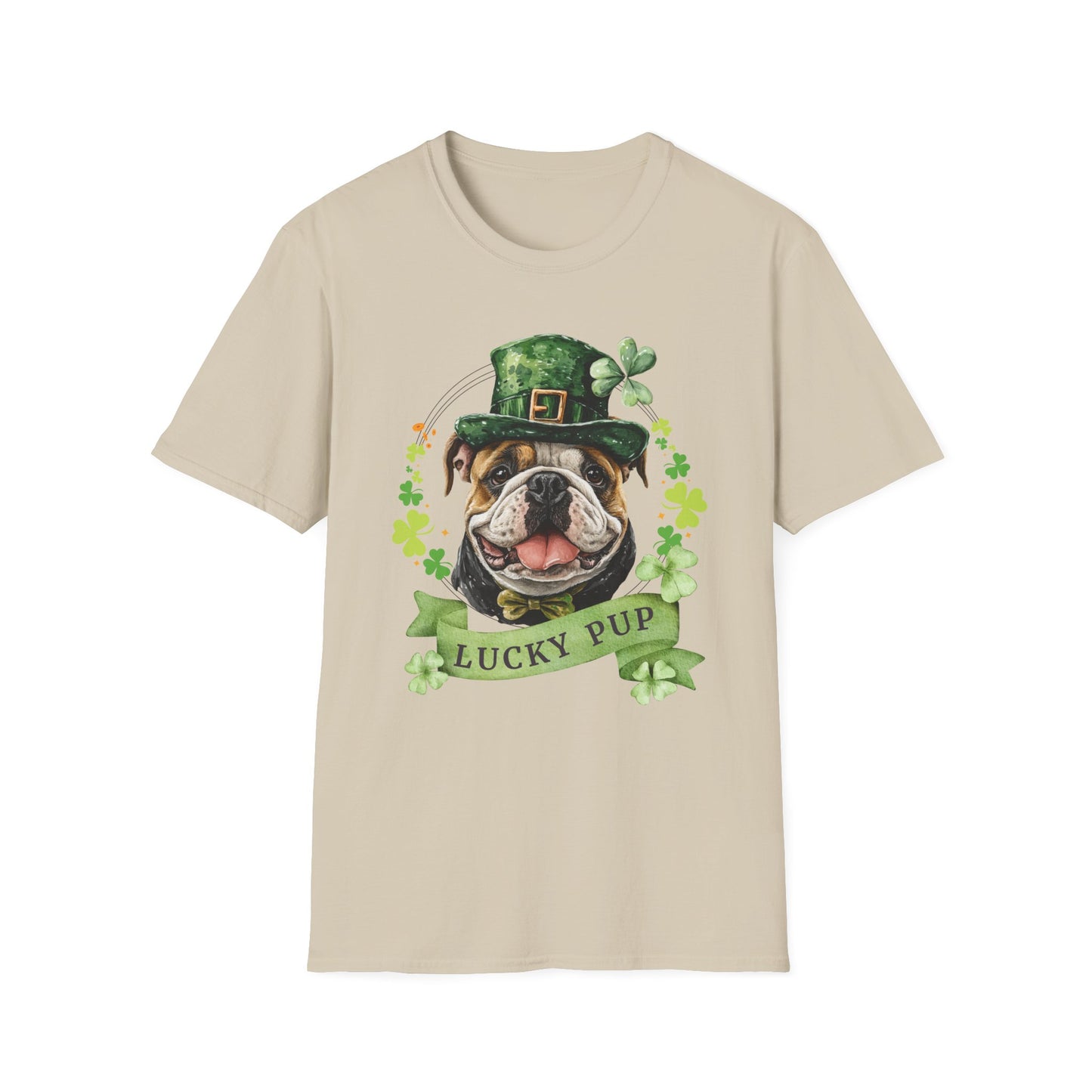 St. Patrick’s Day t-shirt featuring a English bulldog with a shamrock garland and festive Irish design