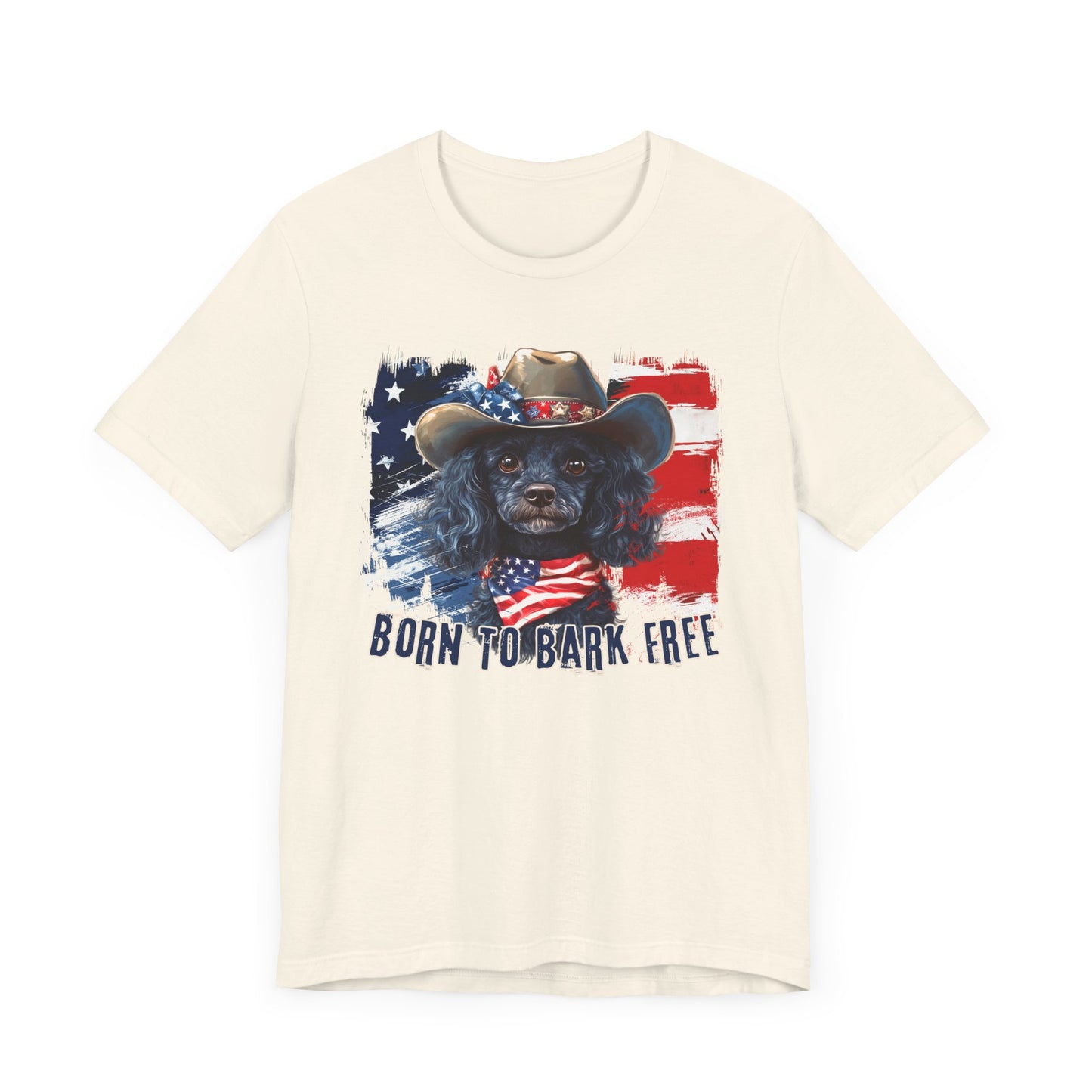 Black Poodle Patriotic T-Shirt "Born to Bark Free" - Dog-Themed Patriotic Design