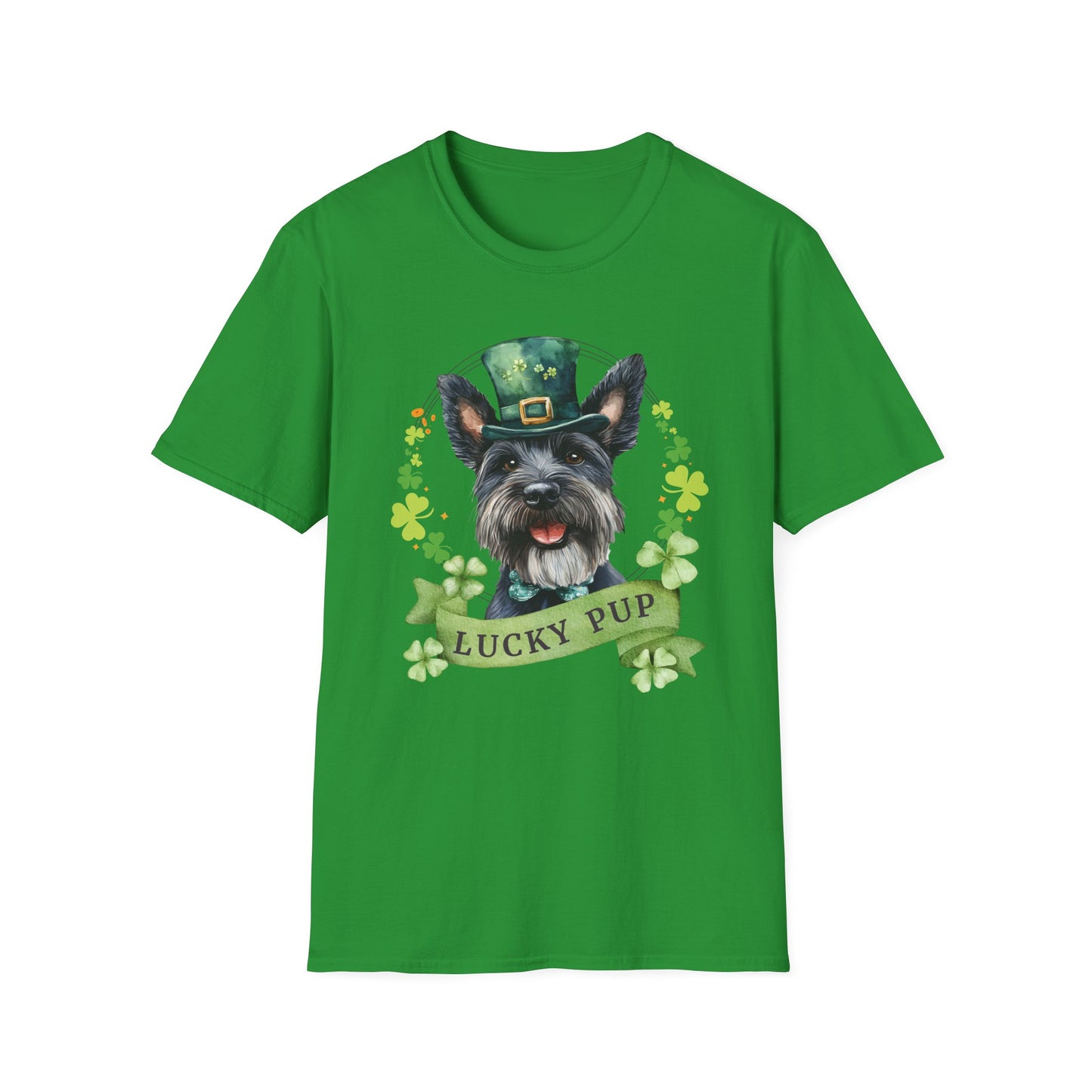 St. Patrick’s Day scottish terrier dog irish green t-shirt with a lucky shamrock print, great for dog lovers