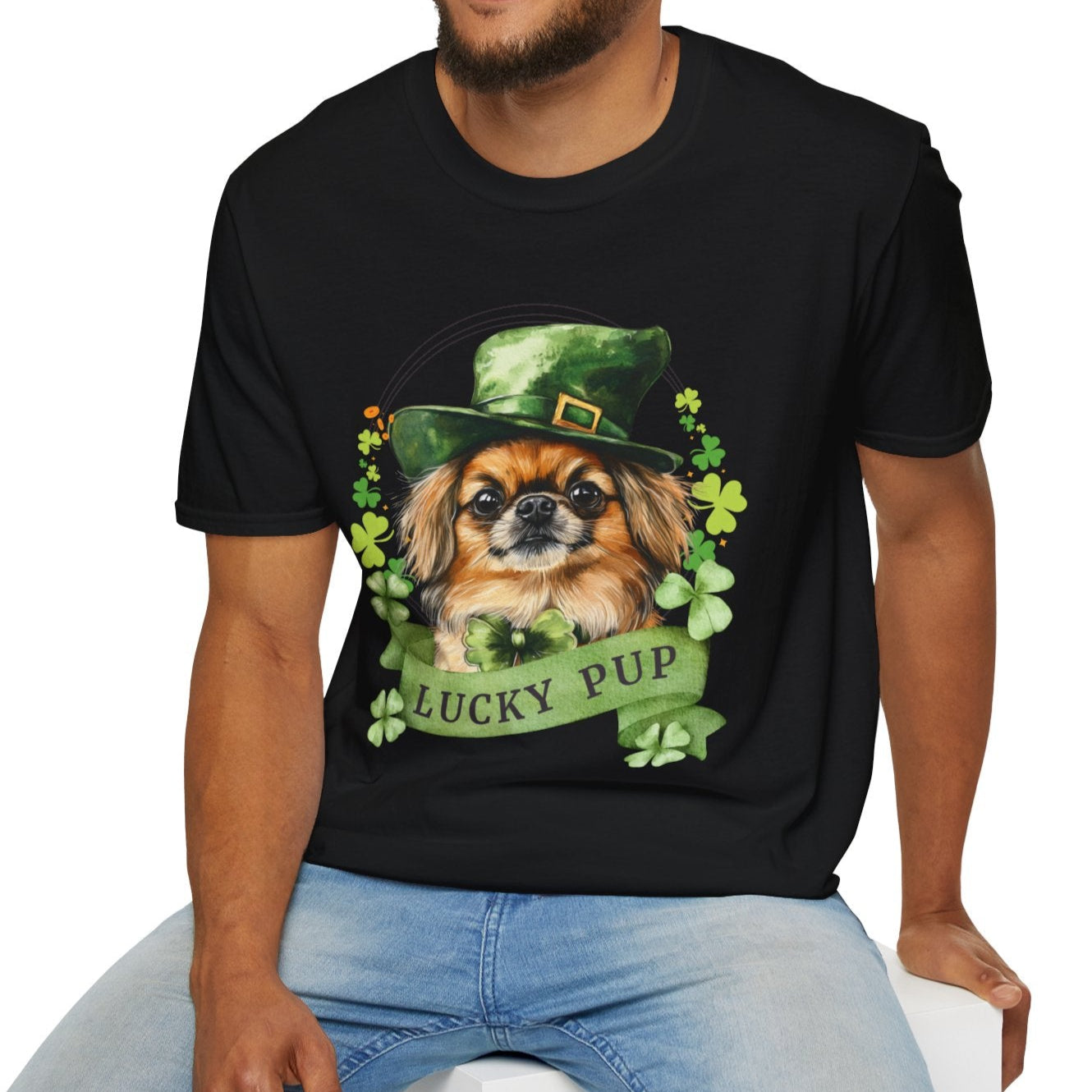 St. Patrick’s Day black t-shirt gift for dog lovers featuring a Pekingese dog with a shamrock garland and festive Irish design
