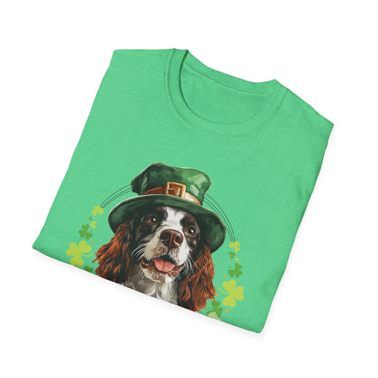 St. Patrick’s Day t-shirt featuring an English springer spaniel dog with a shamrock garland and festive Irish design