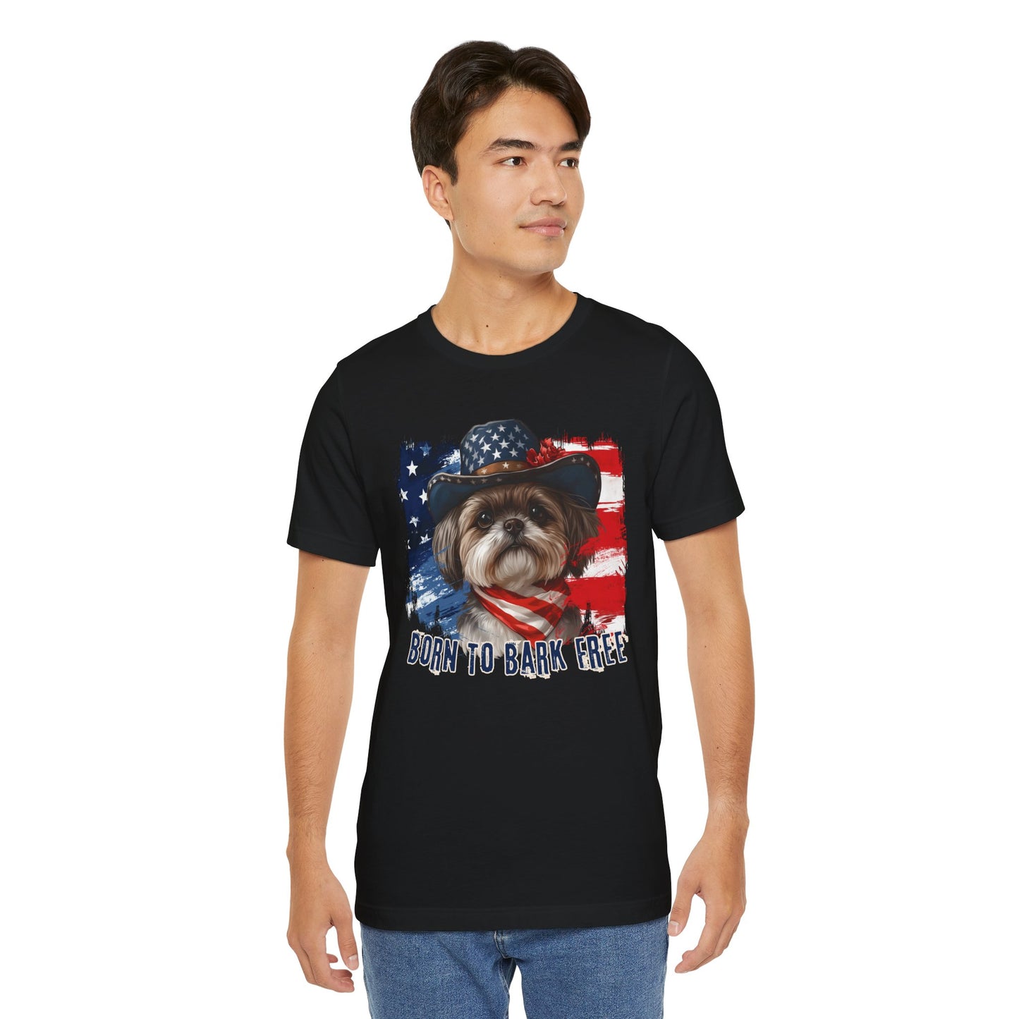 Shih Tzu Patriotic T-Shirt "Born to Bark Free" - Dog-Themed Patriotic Design