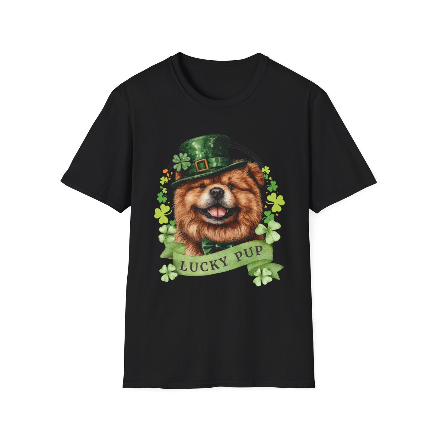 St. Patrick’s Day black t-shirt gift for dog lovers featuring a Chow Chow dog with a shamrock garland and festive Irish design