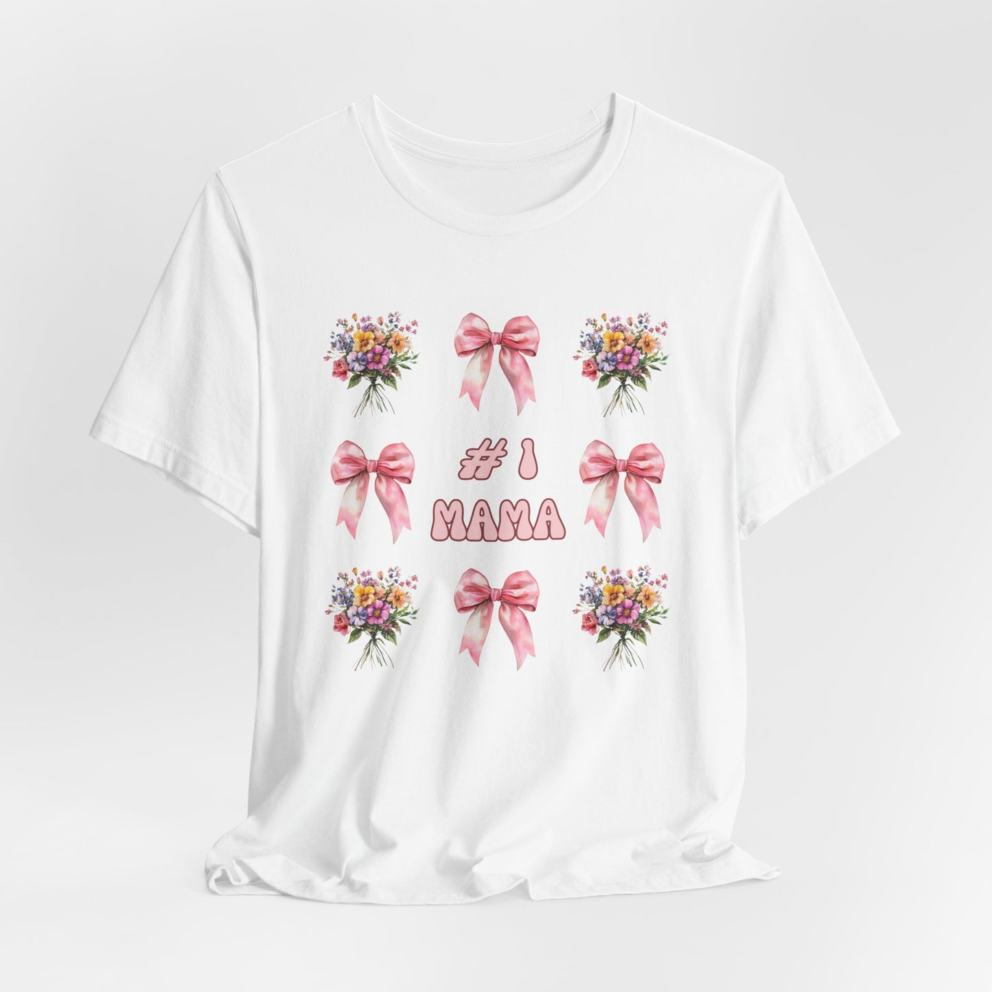 #1 Mama T-Shirt – Soft Cotton Tee with Pink Bows & Florals – Gift for Mom