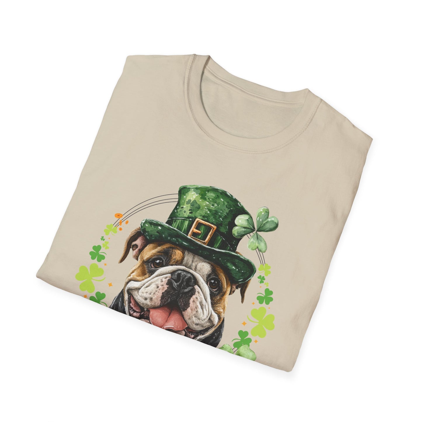 St. Patrick’s Day t-shirt featuring a English bulldog with a shamrock garland and festive Irish design