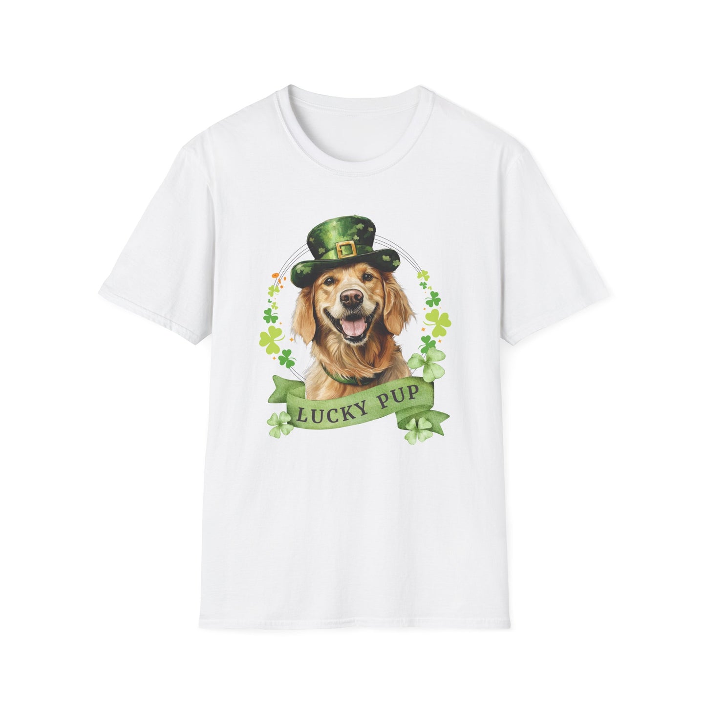 St. Patrick’s Day white t-shirt featuring a golden retriever dog with a shamrock garland and festive Irish designan