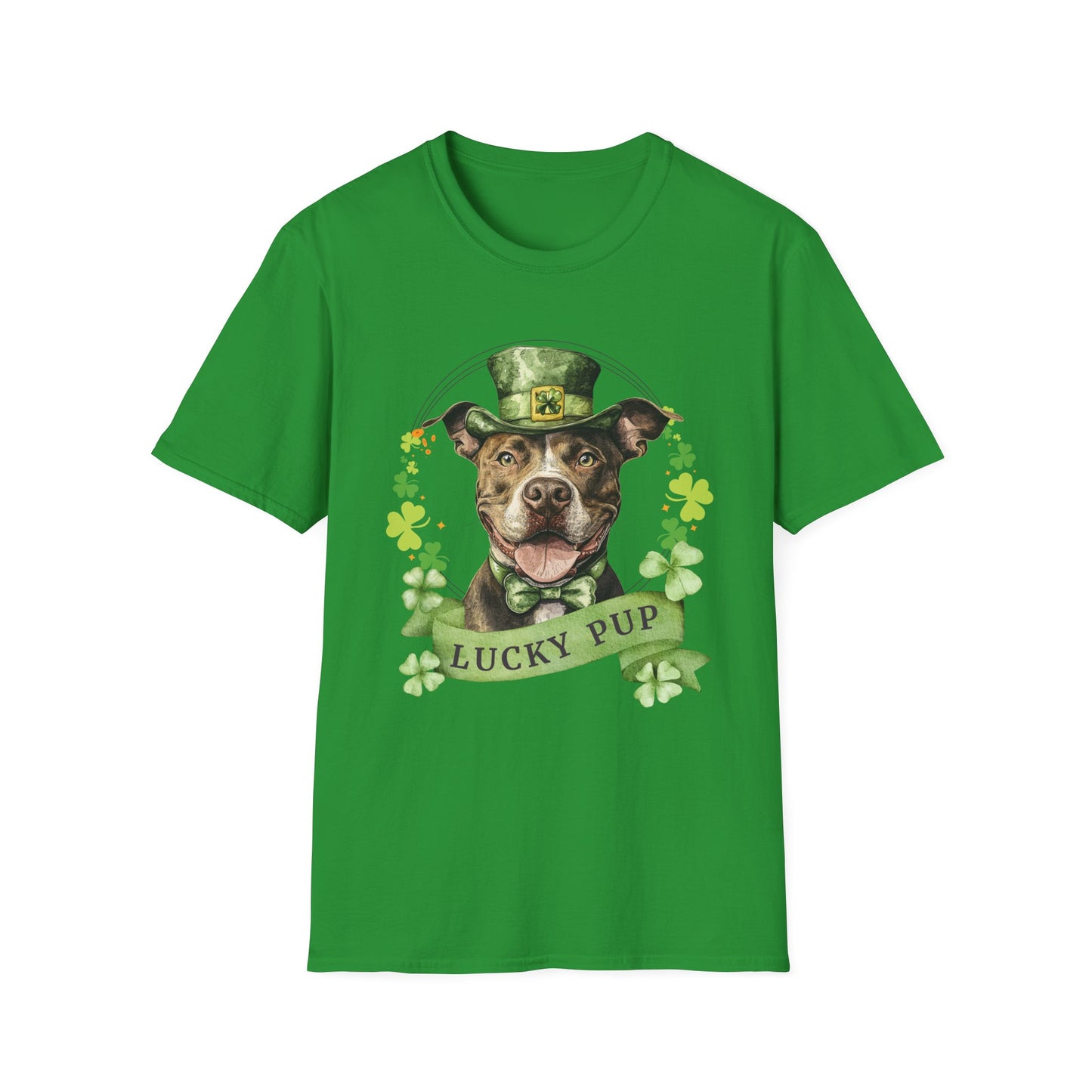 Irish Green cotton St. Patrick’s Day tee for dog moms and dads, featuring a Pit Bull dog design