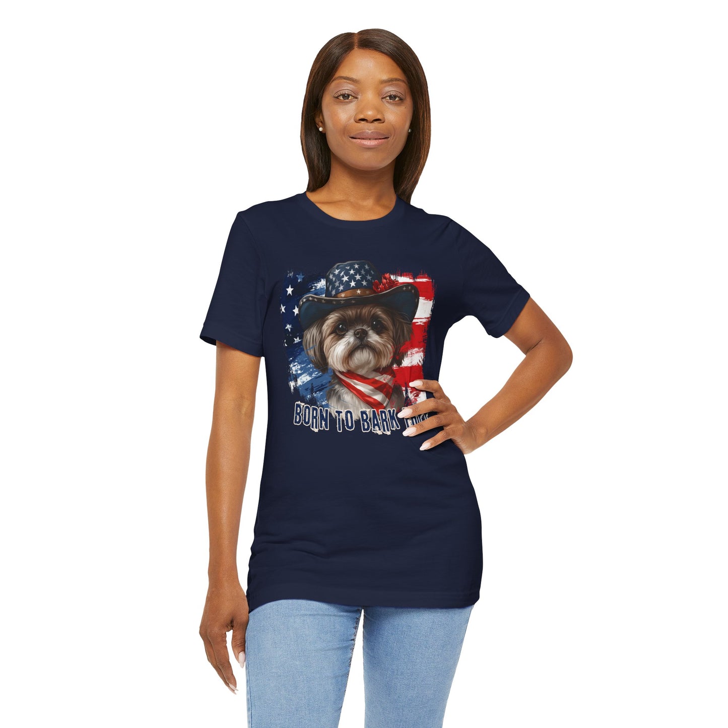 Shih Tzu Patriotic T-Shirt "Born to Bark Free" - Dog-Themed Patriotic Design