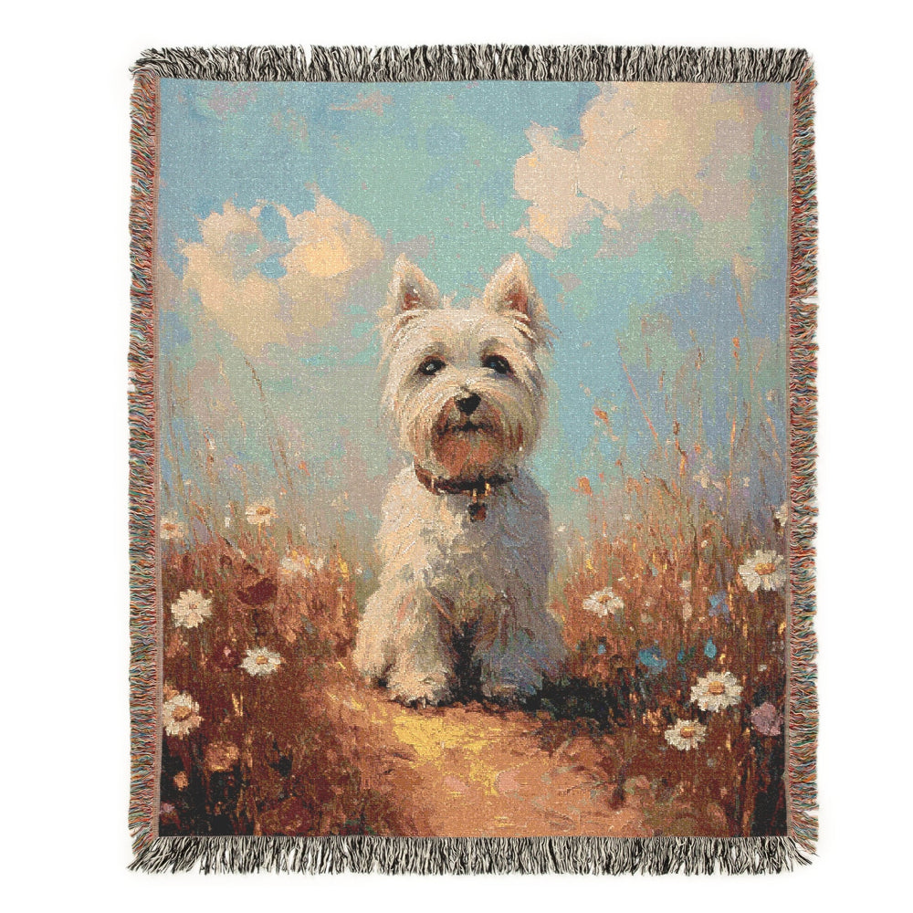 Westie in a Wildflower Meadow – Woven Blanket - Floral Dog Design for Home Comfort - Customization available
