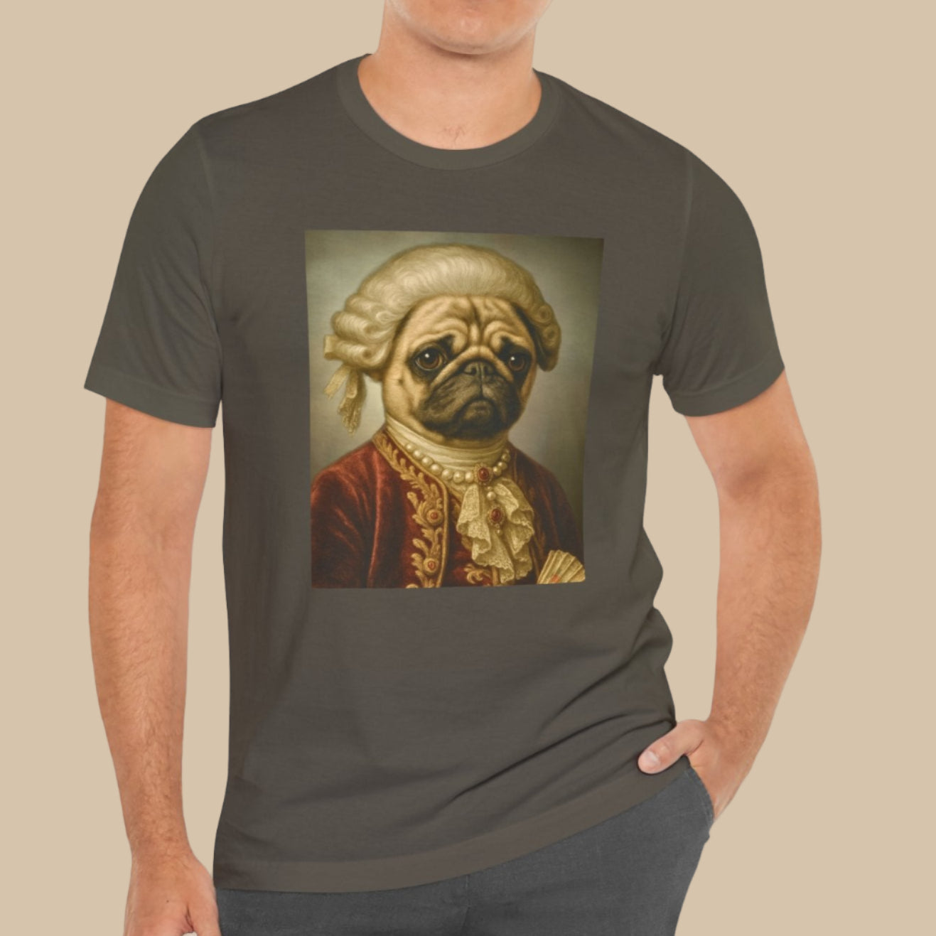 Man wearing a t-shirt with a dog in formal attire graphic on a white background