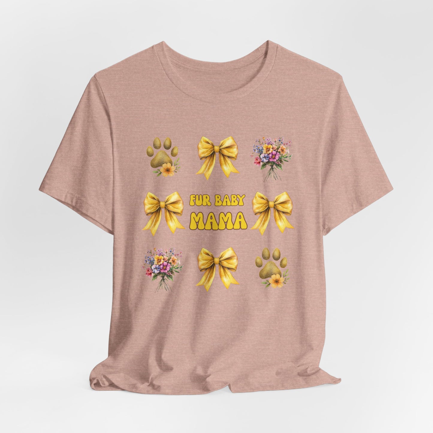 Fur Baby Mama T-Shirt – Soft Cotton Tee with Yellow Bows – Gift for Pet Moms