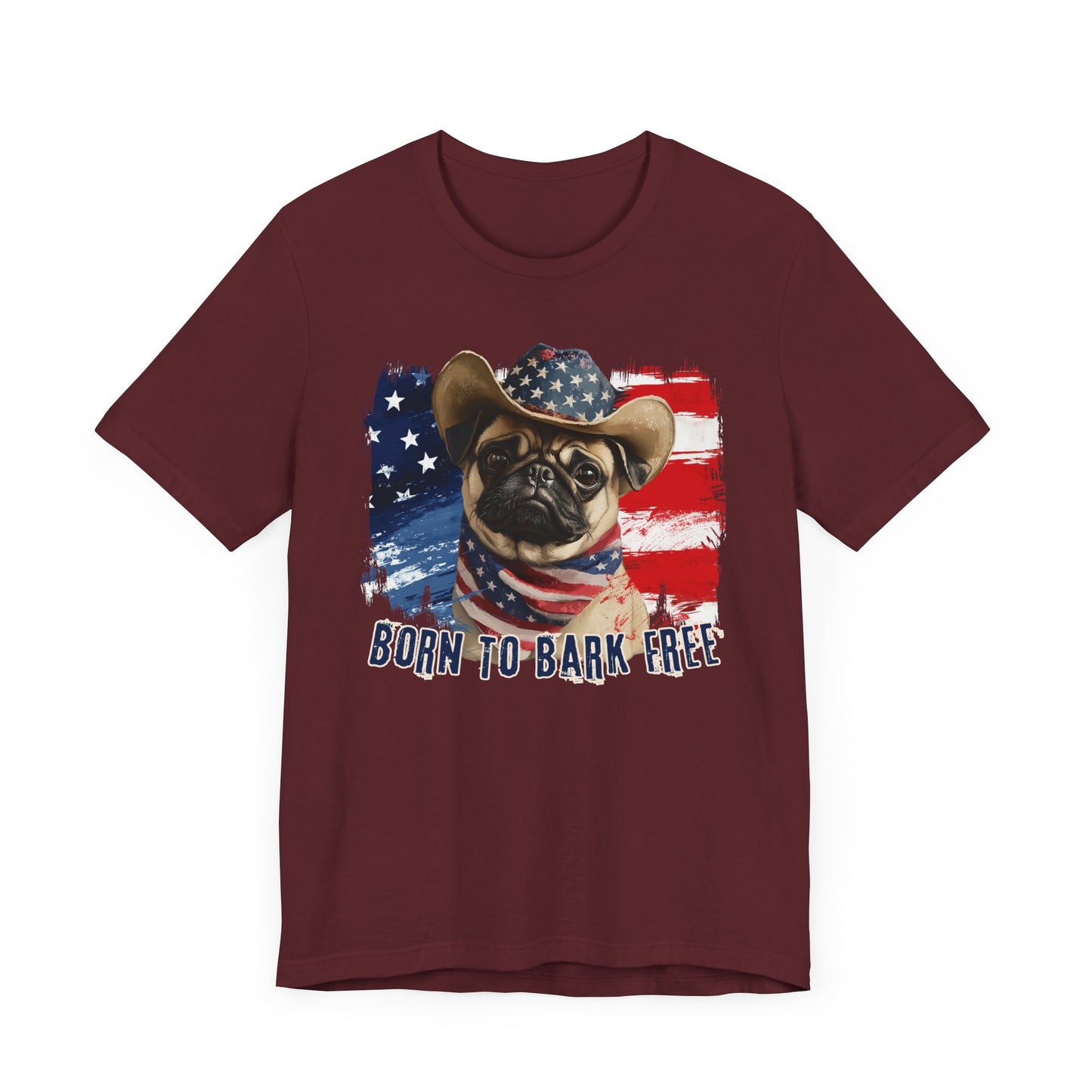 Pug Patriotic T-Shirt "Born to Bark Free" - Dog-Themed Patriotic Design