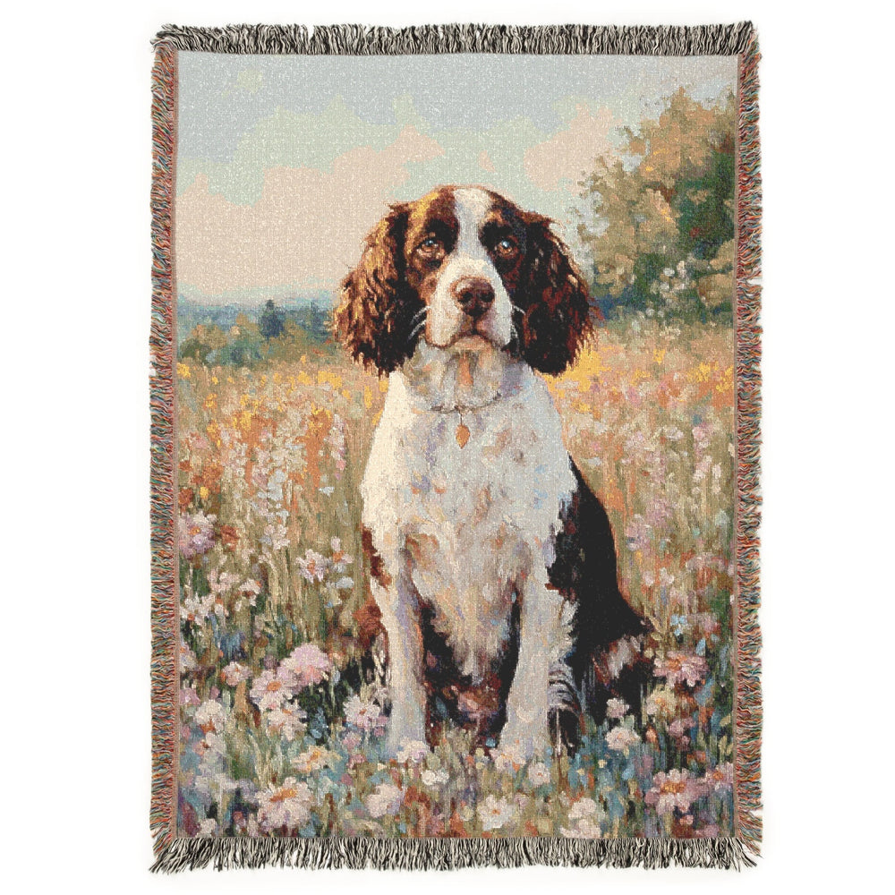 english springer spaniel in the meadow throw woven blanket, gift for dog lovers
